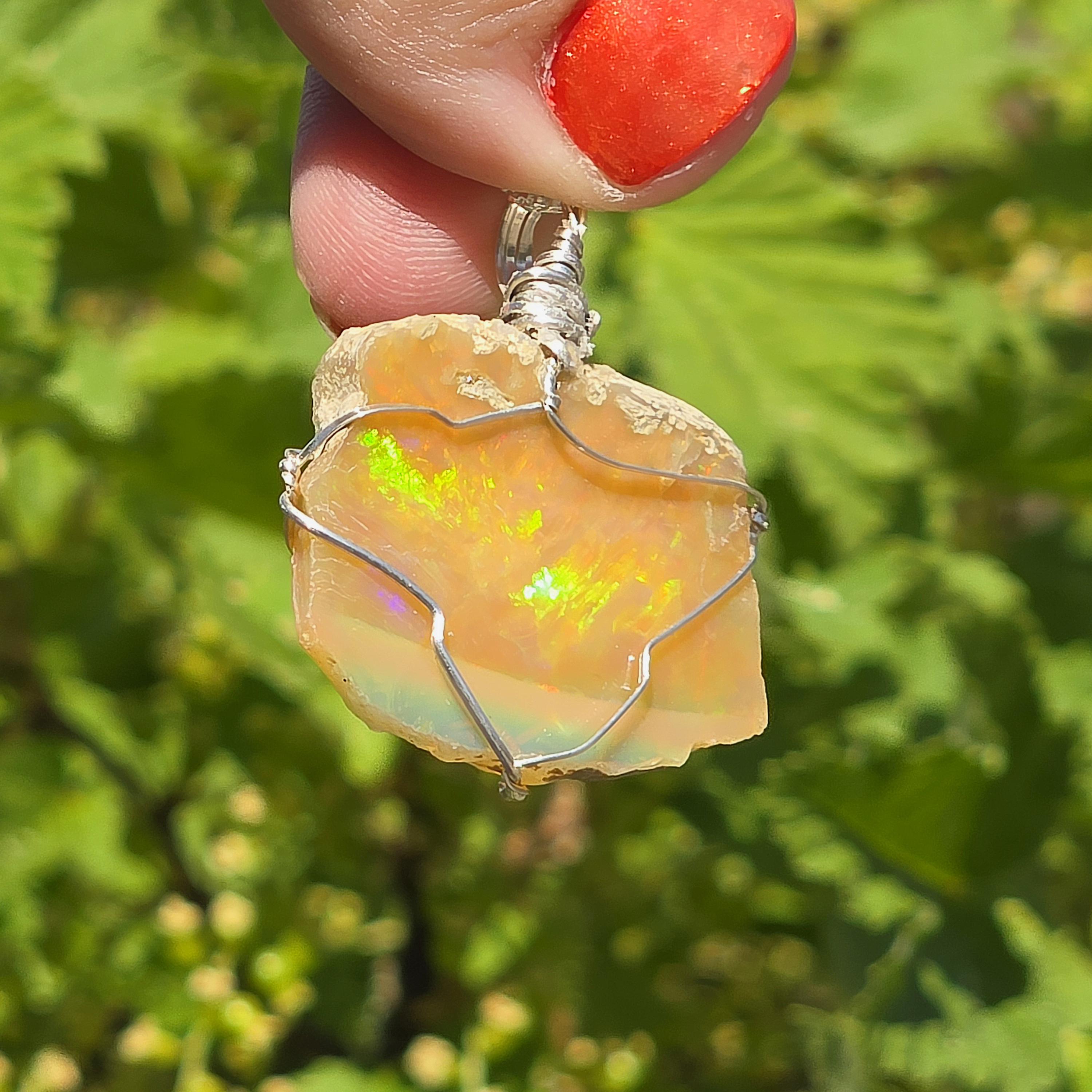 Raw Ethiopian Welo Opal Necklace | Wire Wrapped Pendant, 925 Sterling Silver Chain