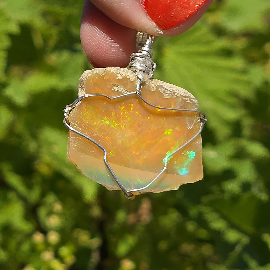 Raw Ethiopian Welo Opal Necklace | Wire Wrapped Pendant, 925 Sterling Silver Chain