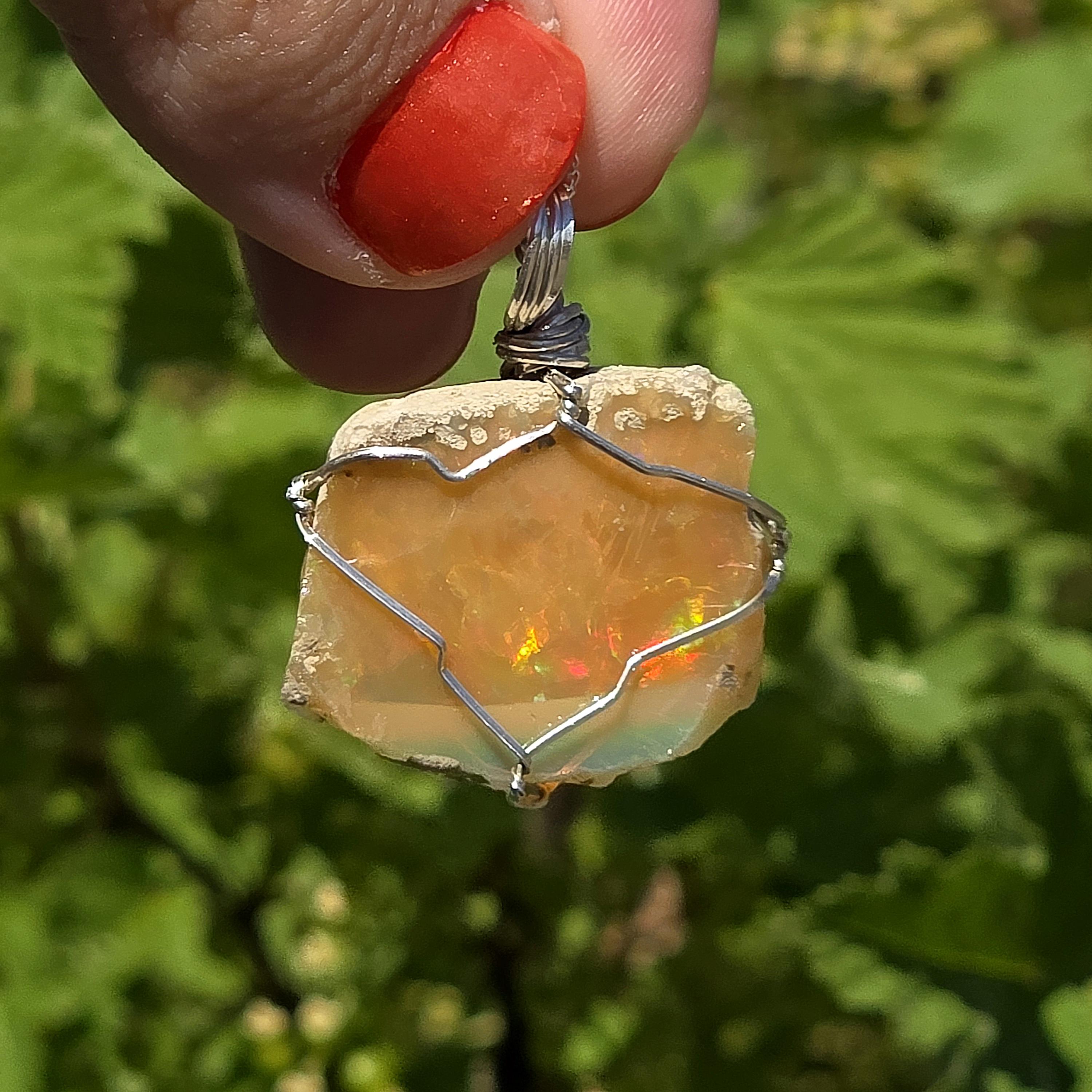 Raw Ethiopian Welo Opal Necklace | Wire Wrapped Pendant, 925 Sterling Silver Chain