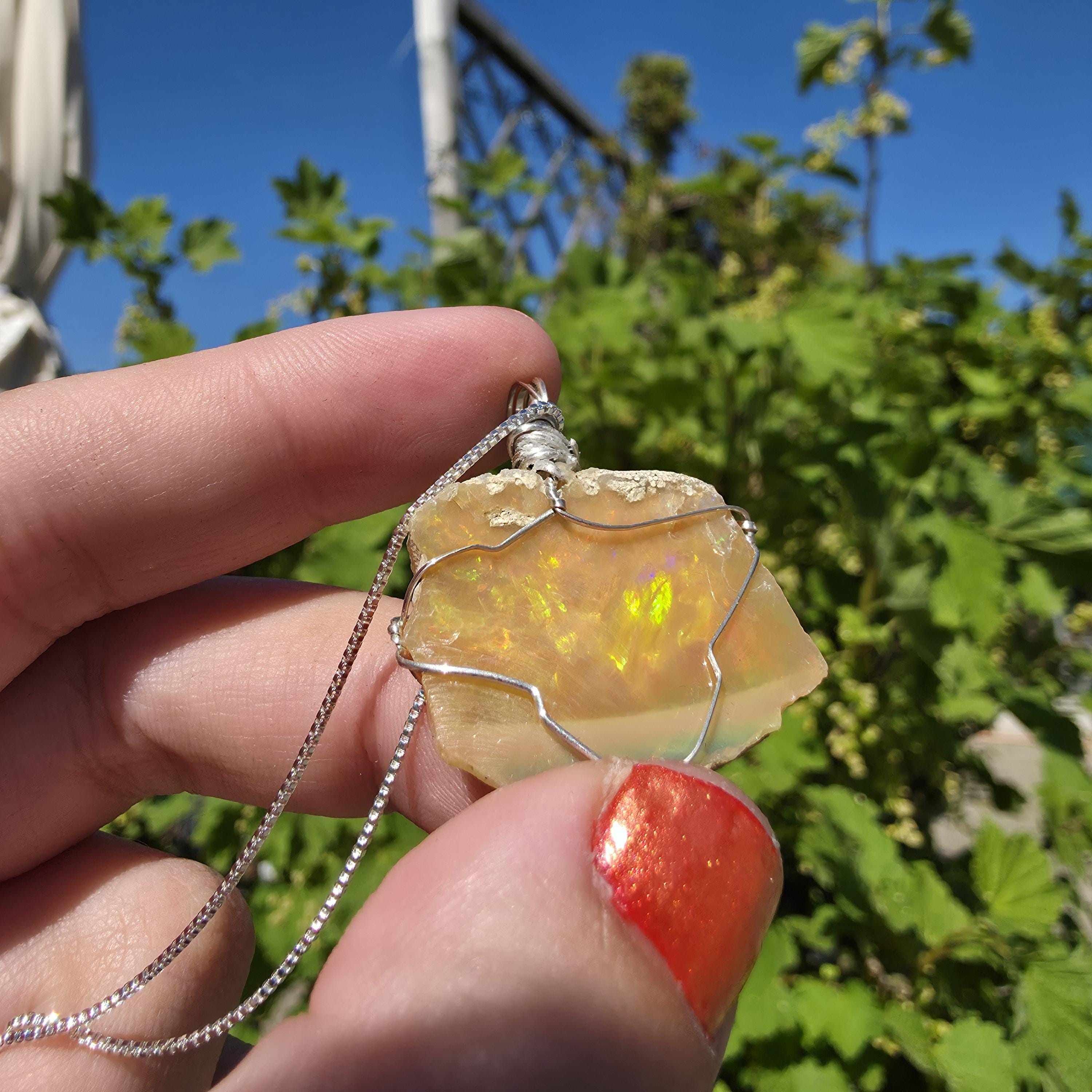 Raw Ethiopian Welo Opal Necklace | Wire Wrapped Pendant, 925 Sterling Silver Chain