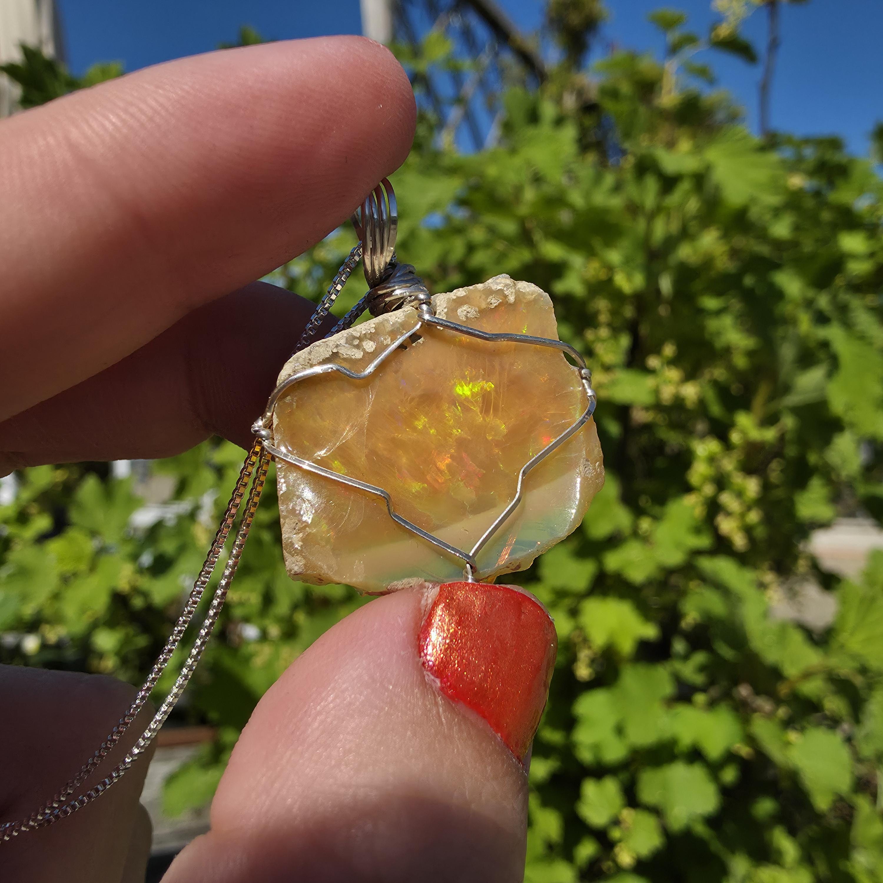 Raw Ethiopian Welo Opal Necklace | Wire Wrapped Pendant, 925 Sterling Silver Chain