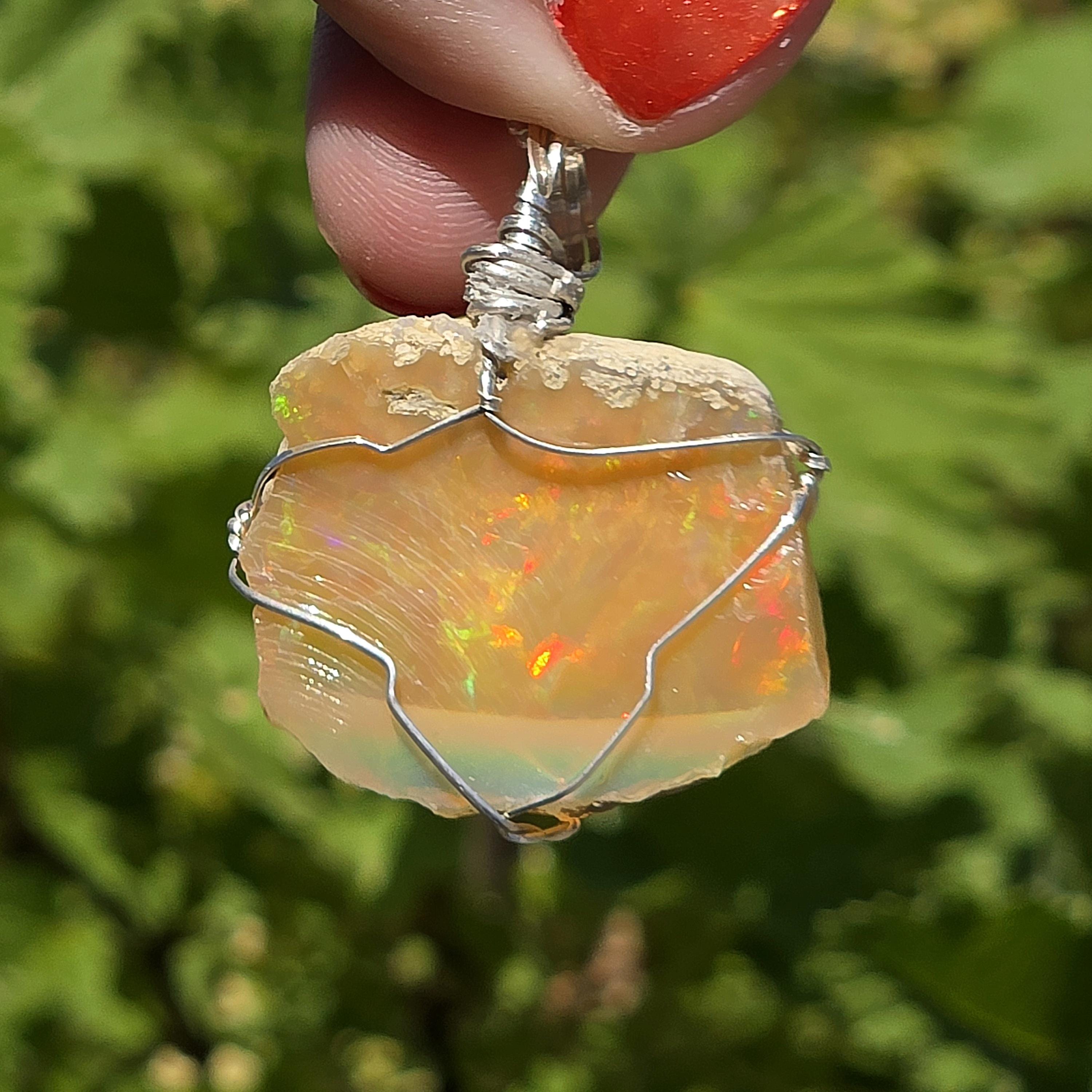 Raw Ethiopian Welo Opal Necklace | Wire Wrapped Pendant, 925 Sterling Silver Chain