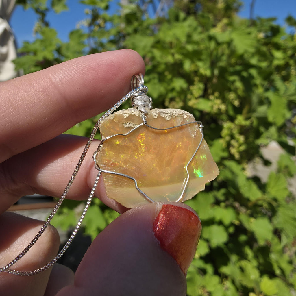Raw Ethiopian Welo Opal Necklace | Wire Wrapped Pendant, 925 Sterling Silver Chain