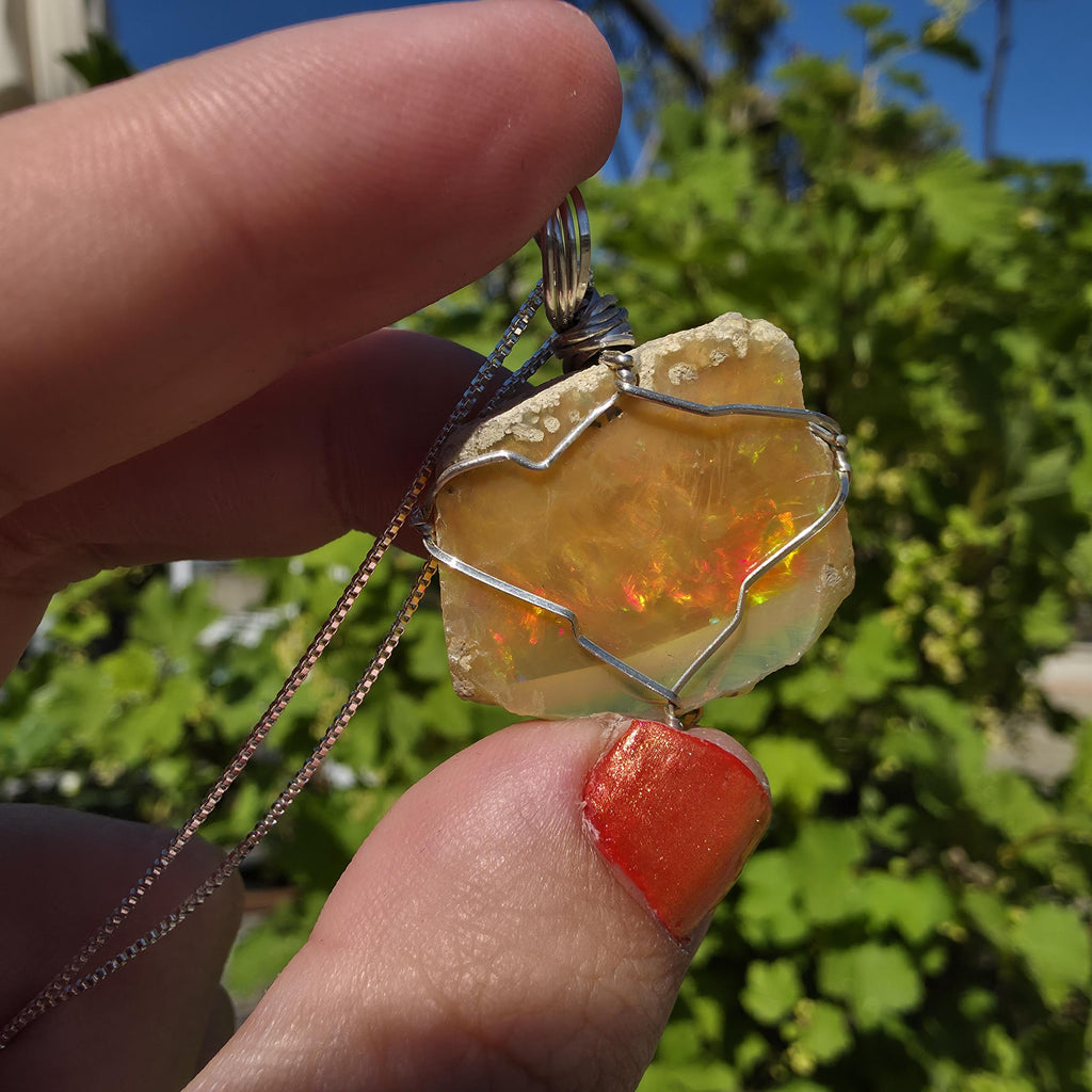 Raw Ethiopian Welo Opal Necklace | Wire Wrapped Pendant, 925 Sterling Silver Chain