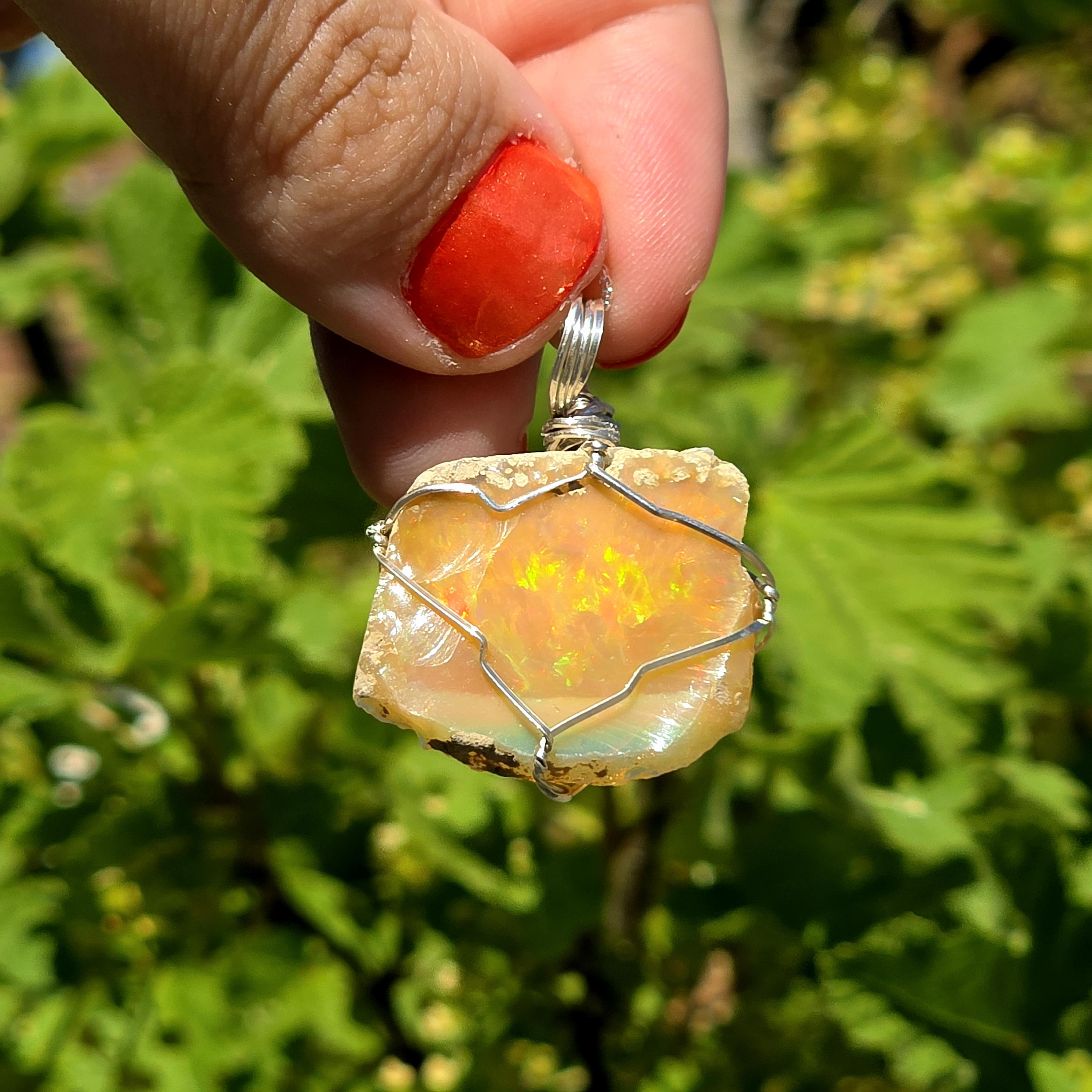 Raw Ethiopian Welo Opal Necklace | Wire Wrapped Pendant, 925 Sterling Silver Chain