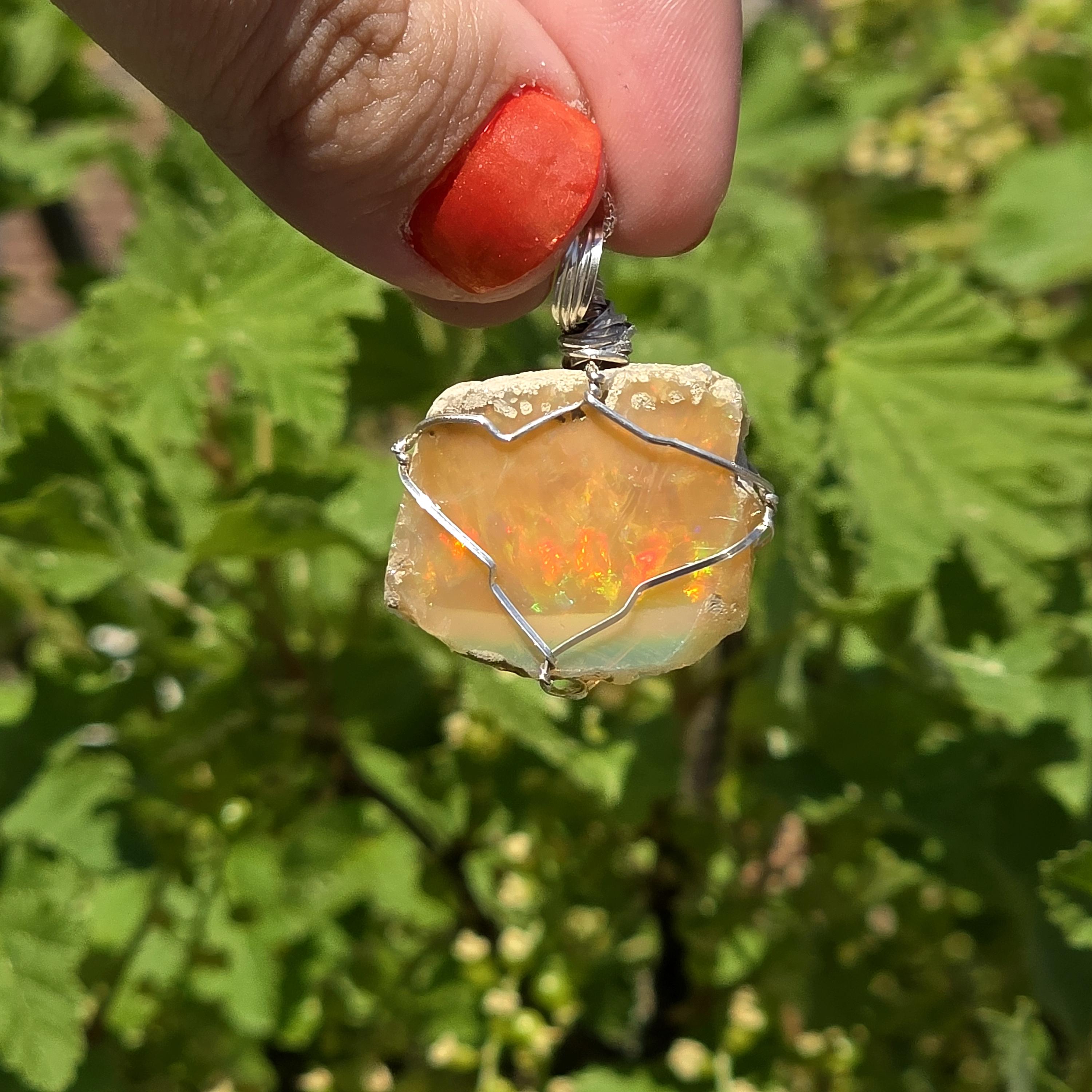 Raw Ethiopian Welo Opal Necklace | Wire Wrapped Pendant, 925 Sterling Silver Chain