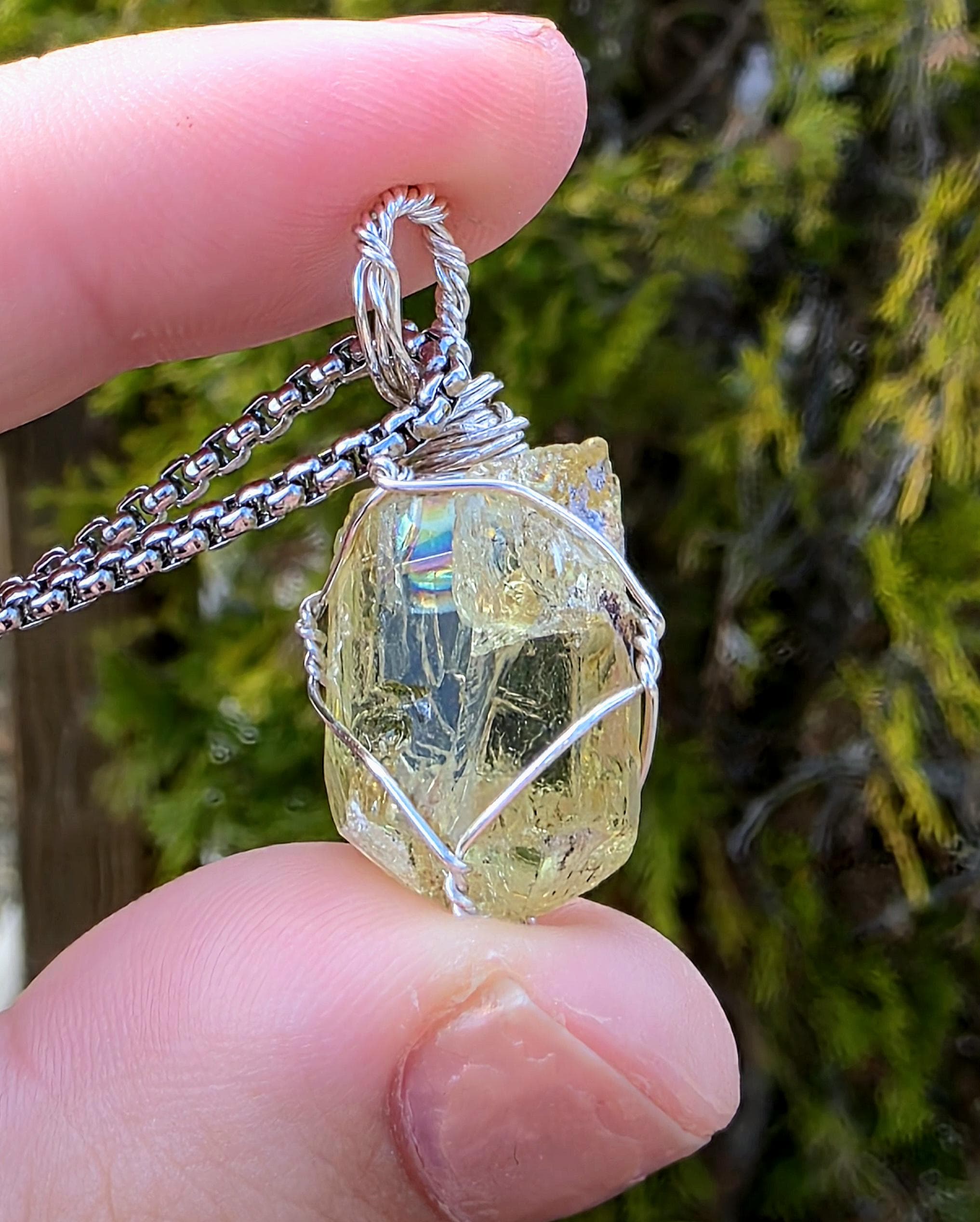 Golden Apatite Necklace | Wire Wrapped Crystal Pendant | Stainless Steel Chain | Natural Gem Quality Apatite Jewelry