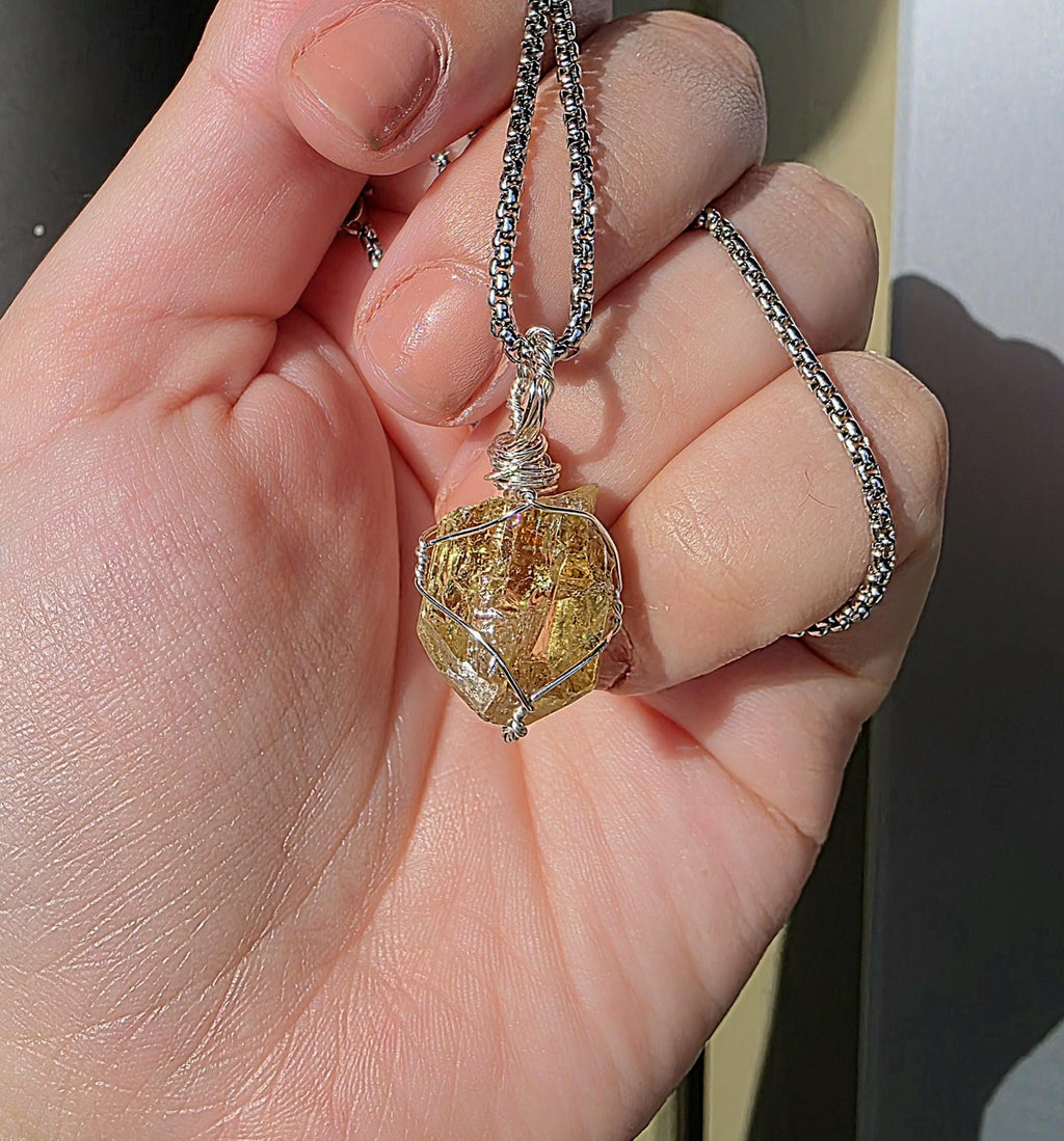 Golden Apatite Necklace | Wire Wrapped Crystal Pendant | Stainless Steel Chain | Natural Gem Quality Apatite Jewelry