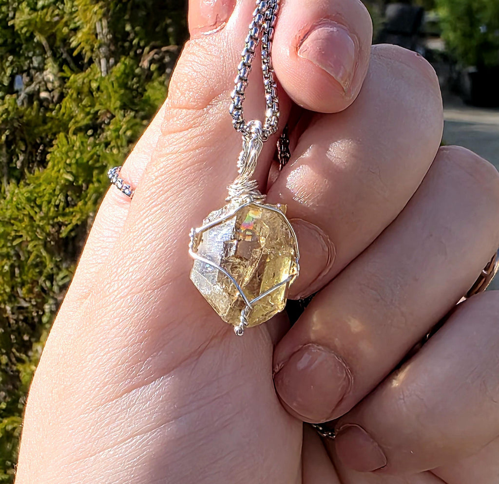 Golden Apatite Necklace | Wire Wrapped Crystal Pendant | Stainless Steel Chain | Natural Gem Quality Apatite Jewelry