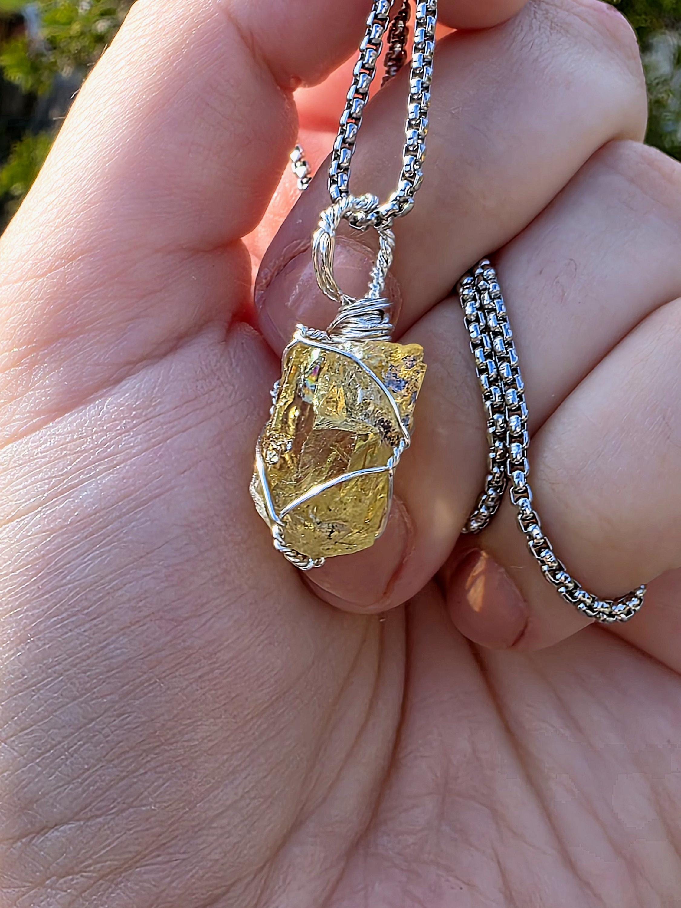 Golden Apatite Necklace | Wire Wrapped Crystal Pendant | Stainless Steel Chain | Natural Gem Quality Apatite Jewelry