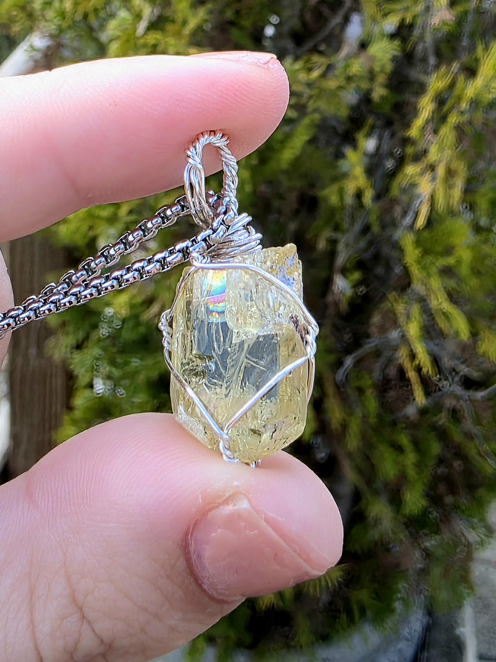 Golden Apatite Necklace | Wire Wrapped Crystal Pendant | Stainless Steel Chain | Natural Gem Quality Apatite Jewelry