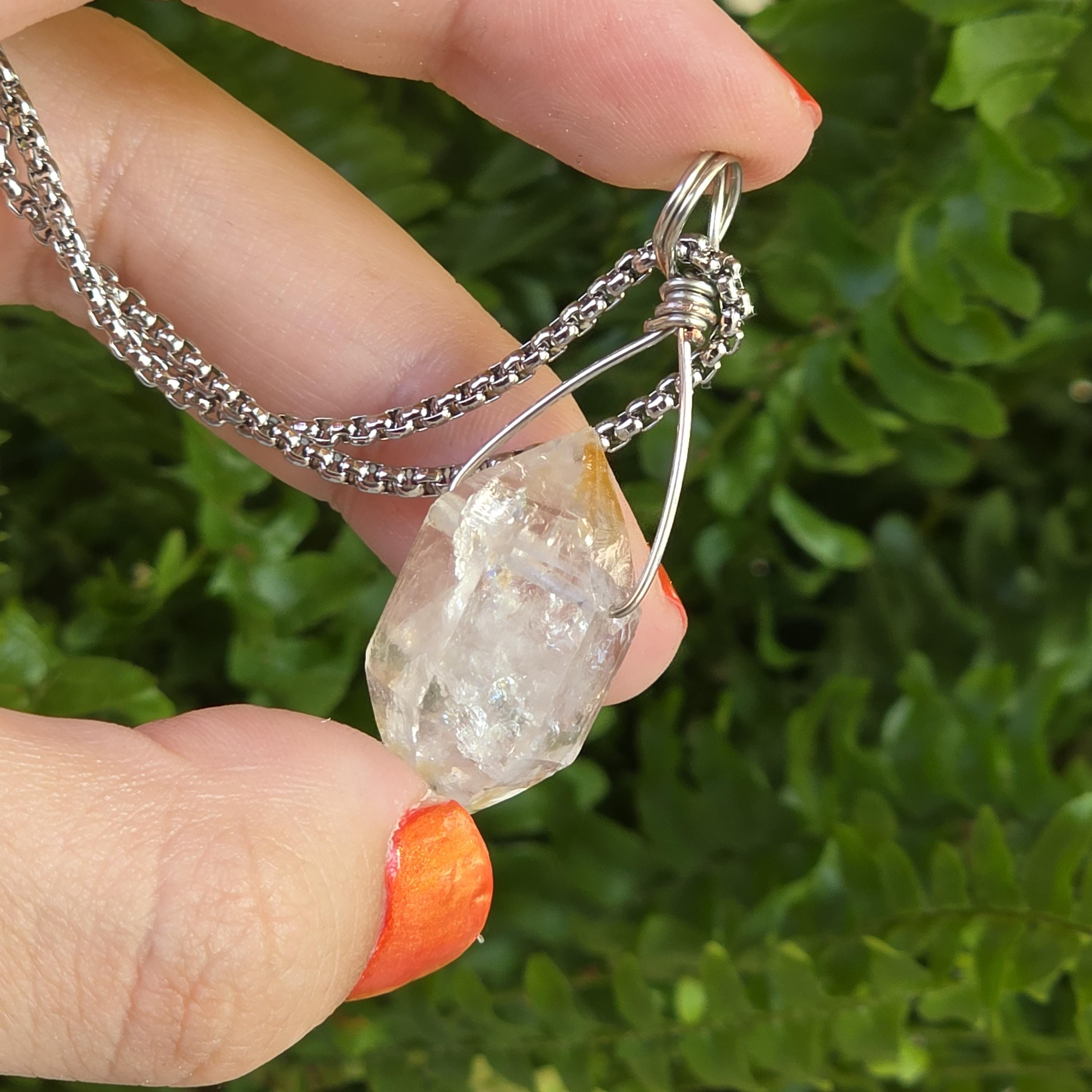 Tibetan Clear Quartz Double Terminated Necklace | Hand Wire Wrapped Crystal | Stainless Steel Chain