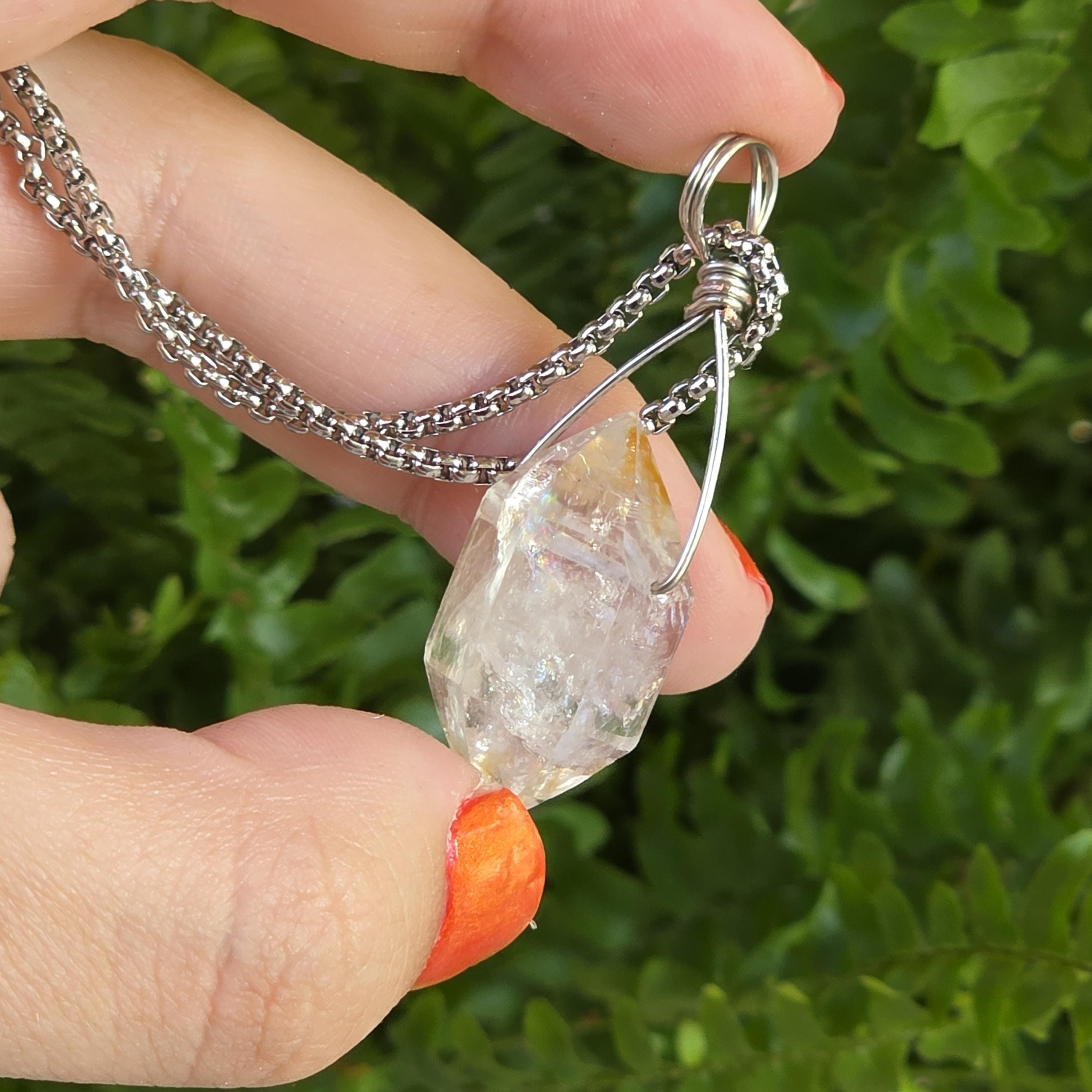 Tibetan Clear Quartz Double Terminated Necklace | Hand Wire Wrapped Crystal | Stainless Steel Chain