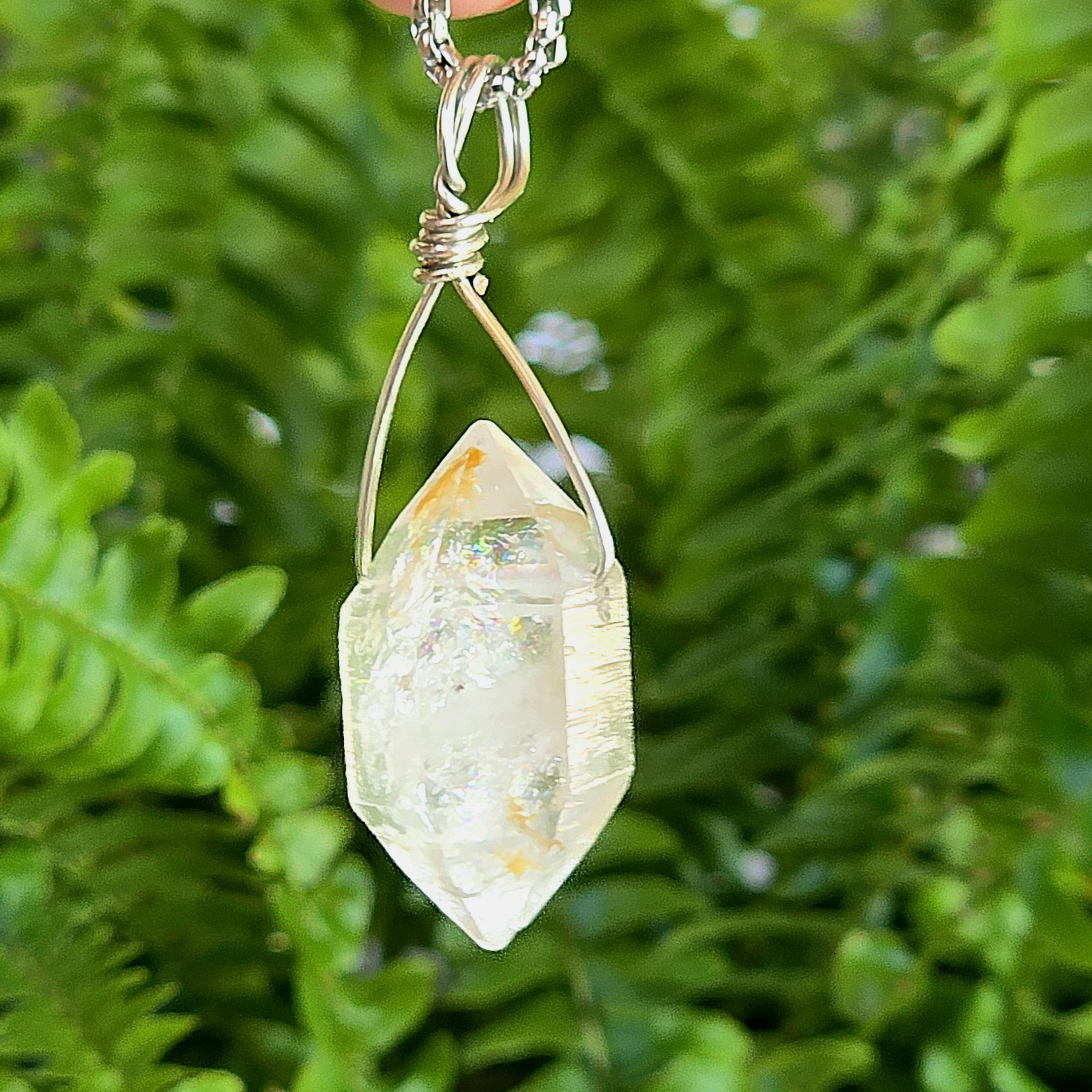 Tibetan Clear Quartz Double Terminated Necklace | Hand Wire Wrapped Crystal | Stainless Steel Chain