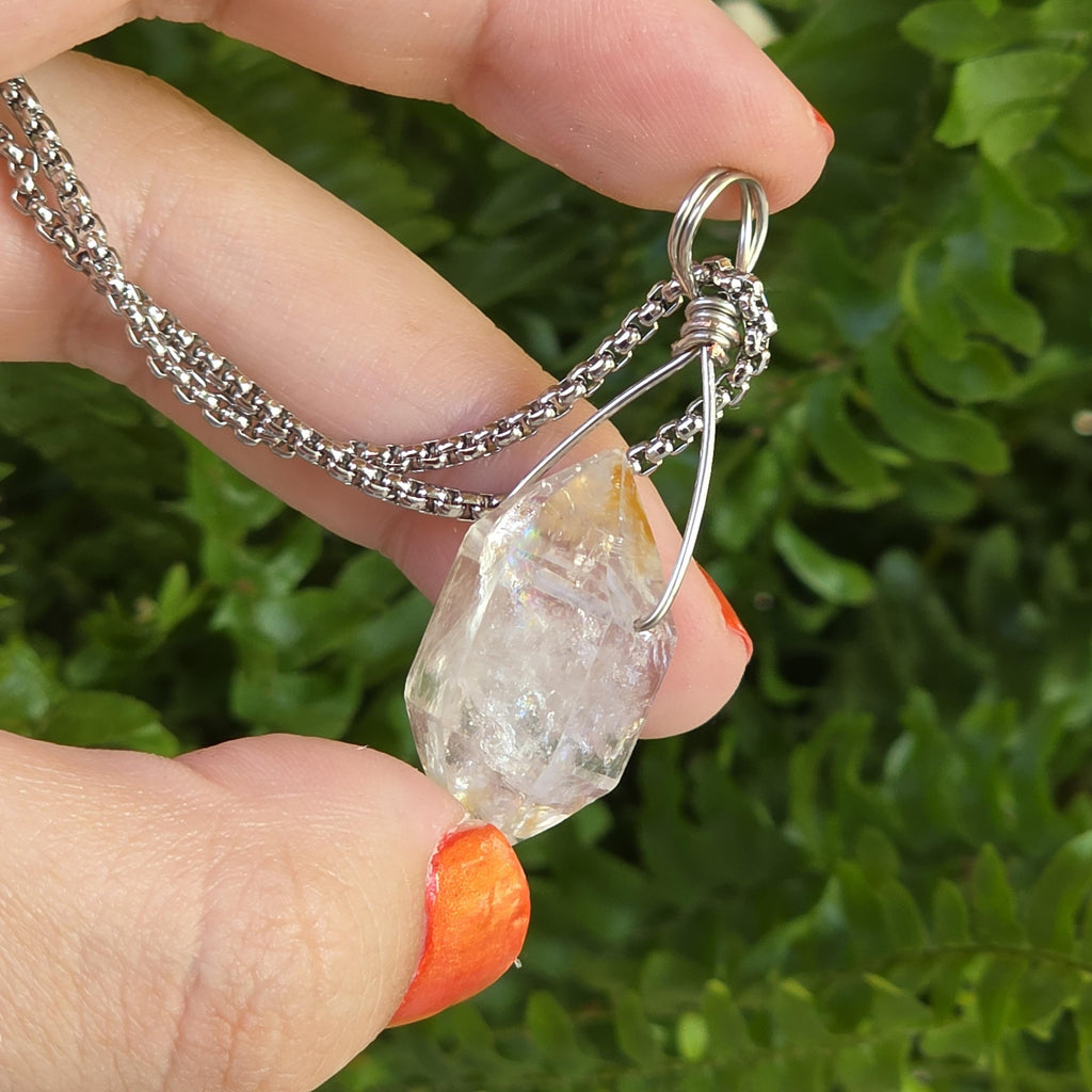 Tibetan Clear Quartz Double Terminated Necklace | Hand Wire Wrapped Crystal | Stainless Steel Chain