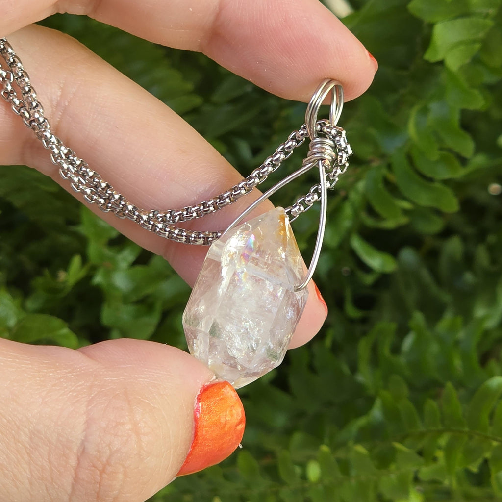 Tibetan Clear Quartz Double Terminated Necklace | Hand Wire Wrapped Crystal | Stainless Steel Chain