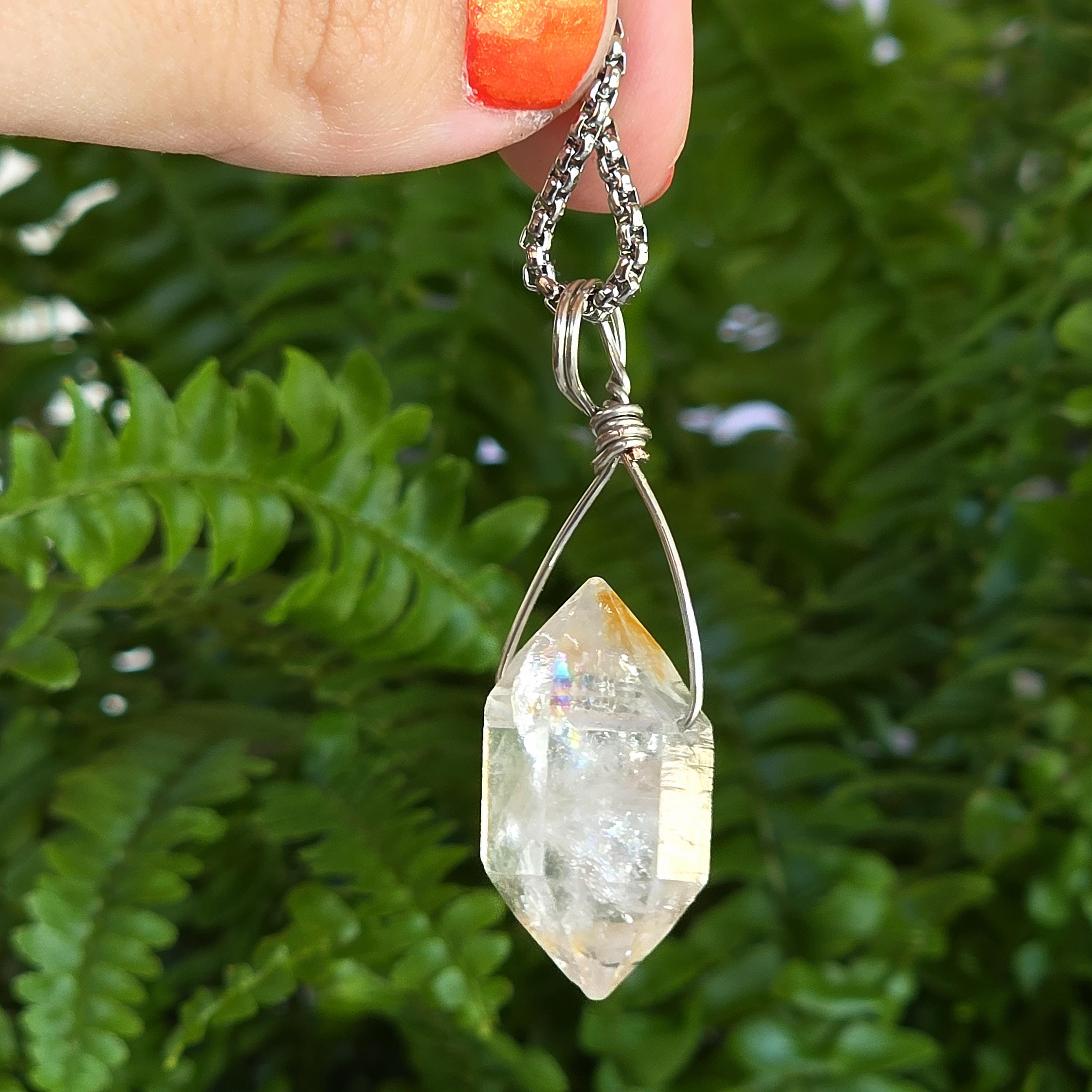 Tibetan Clear Quartz Double Terminated Necklace | Hand Wire Wrapped Crystal | Stainless Steel Chain