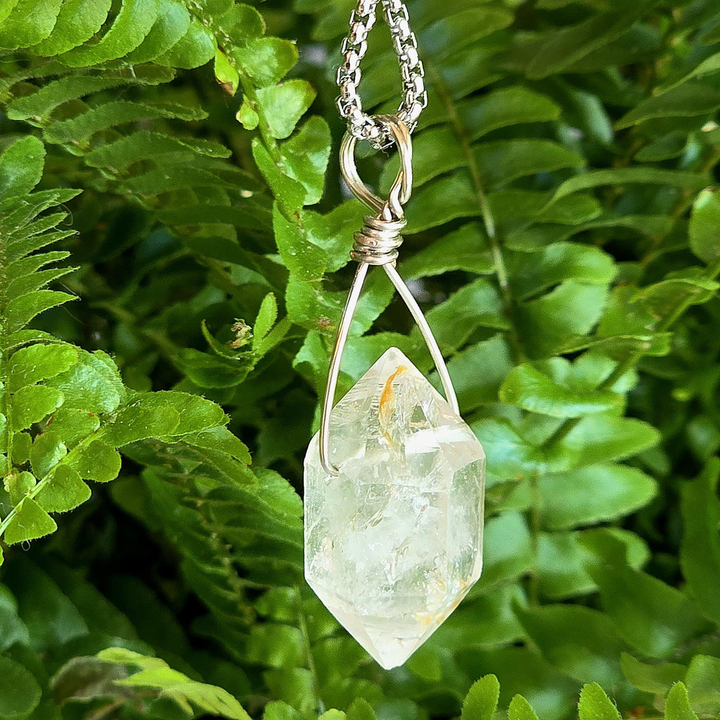 Tibetan Clear Quartz Double Terminated Necklace | Hand Wire Wrapped Crystal | Stainless Steel Chain