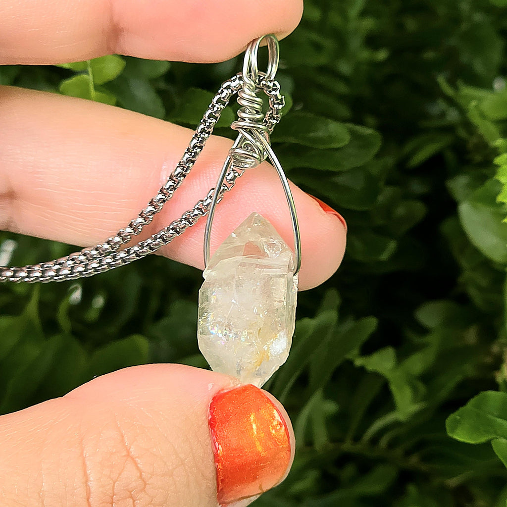 Tibetan Clear Quartz Double Terminated Necklace | Hand Wire Wrapped Crystal | Stainless Steel Chain