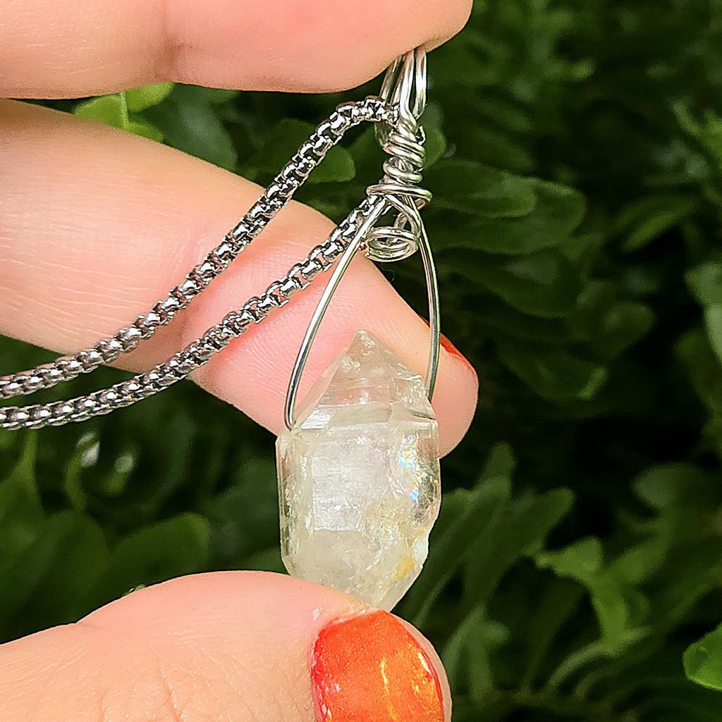 Tibetan Clear Quartz Double Terminated Necklace | Hand Wire Wrapped Crystal | Stainless Steel Chain