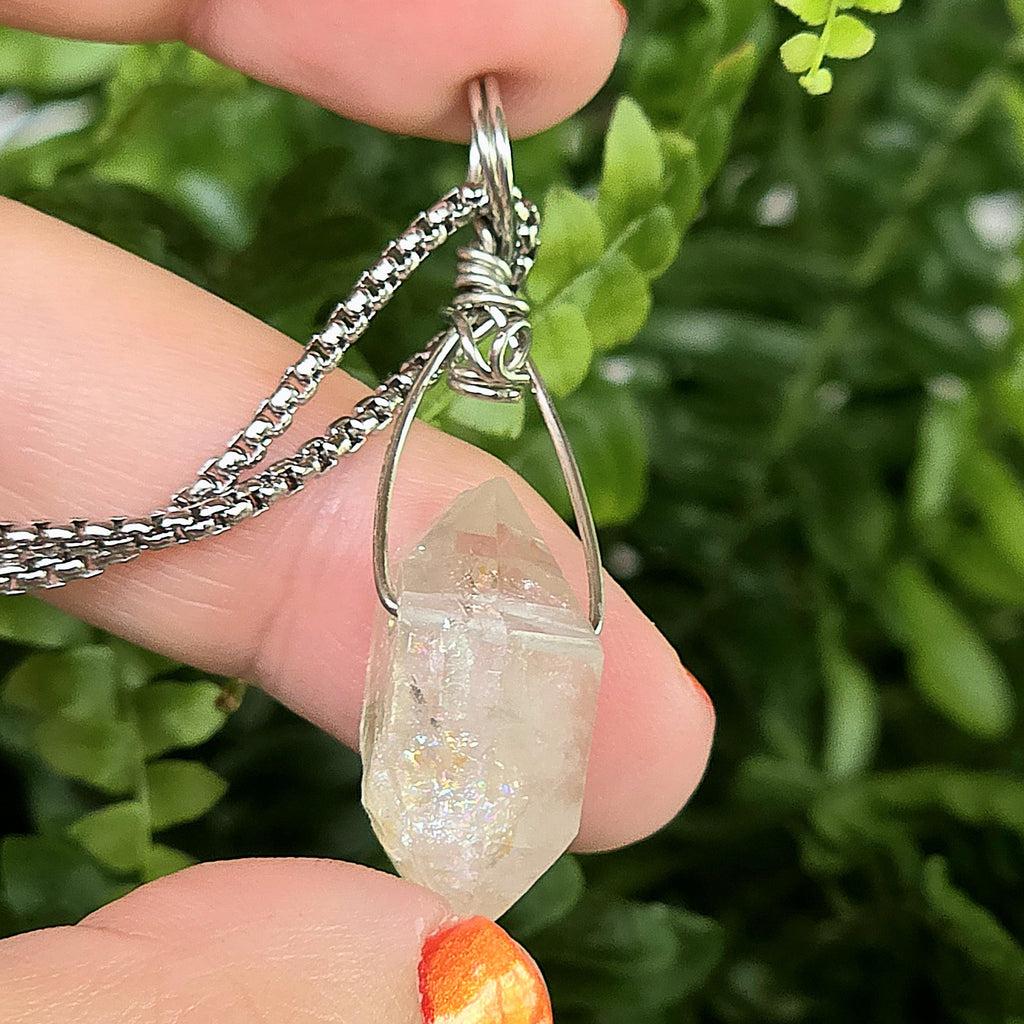 Tibetan Clear Quartz Double Terminated Necklace | Hand Wire Wrapped Crystal | Stainless Steel Chain