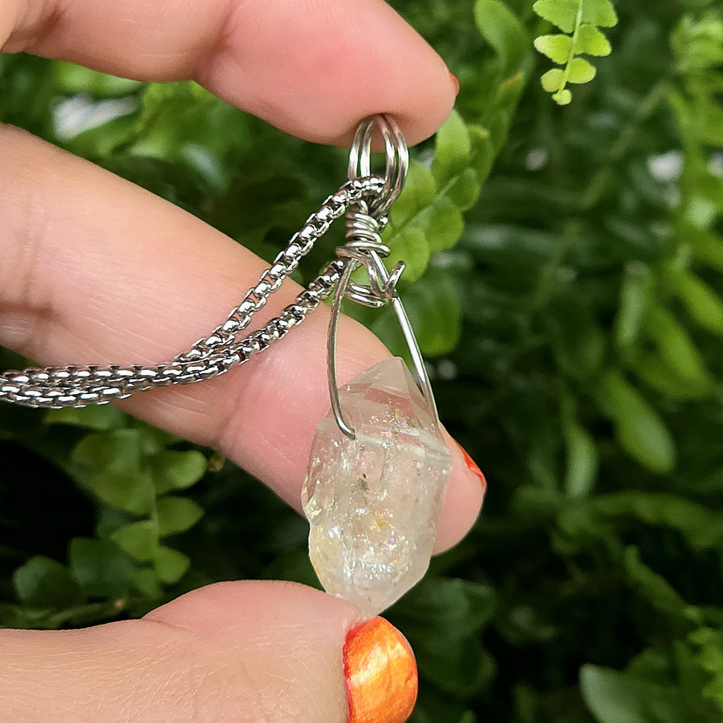 Tibetan Clear Quartz Double Terminated Necklace | Hand Wire Wrapped Crystal | Stainless Steel Chain
