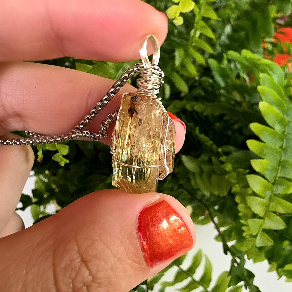 Golden Apatite Necklace | Wire Wrapped Crystal Pendant | Stainless Steel Chain | Natural Gem Quality Apatite Jewelry