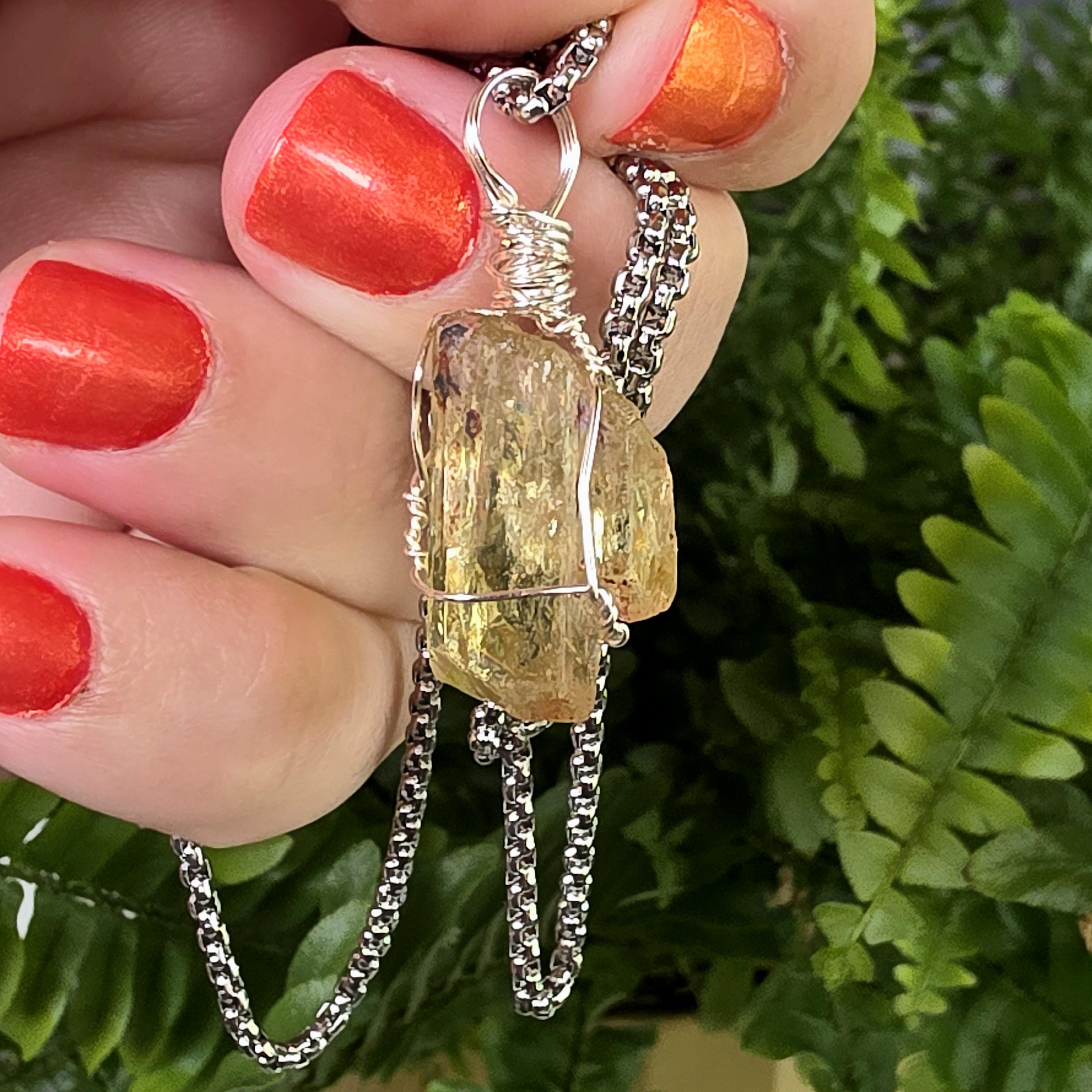 Golden Apatite Necklace | Wire Wrapped Crystal Pendant | Stainless Steel Chain | Natural Gem Quality Apatite Jewelry
