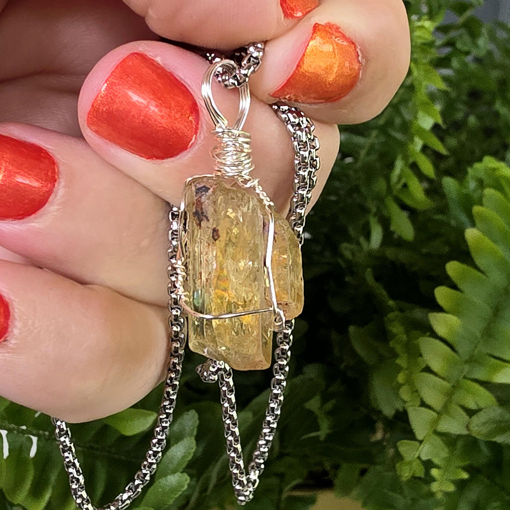 Golden Apatite Necklace | Wire Wrapped Crystal Pendant | Stainless Steel Chain | Natural Gem Quality Apatite Jewelry