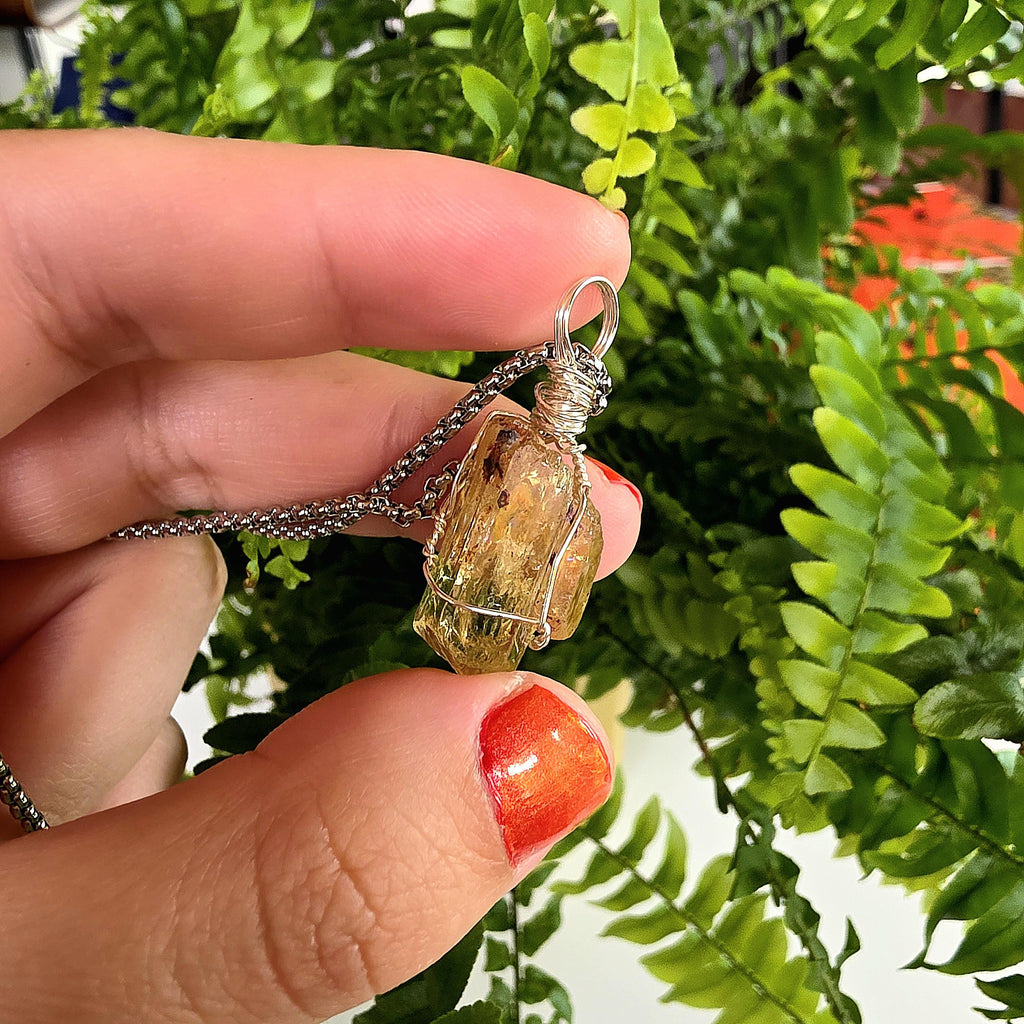 Golden Apatite Necklace | Wire Wrapped Crystal Pendant | Stainless Steel Chain | Natural Gem Quality Apatite Jewelry