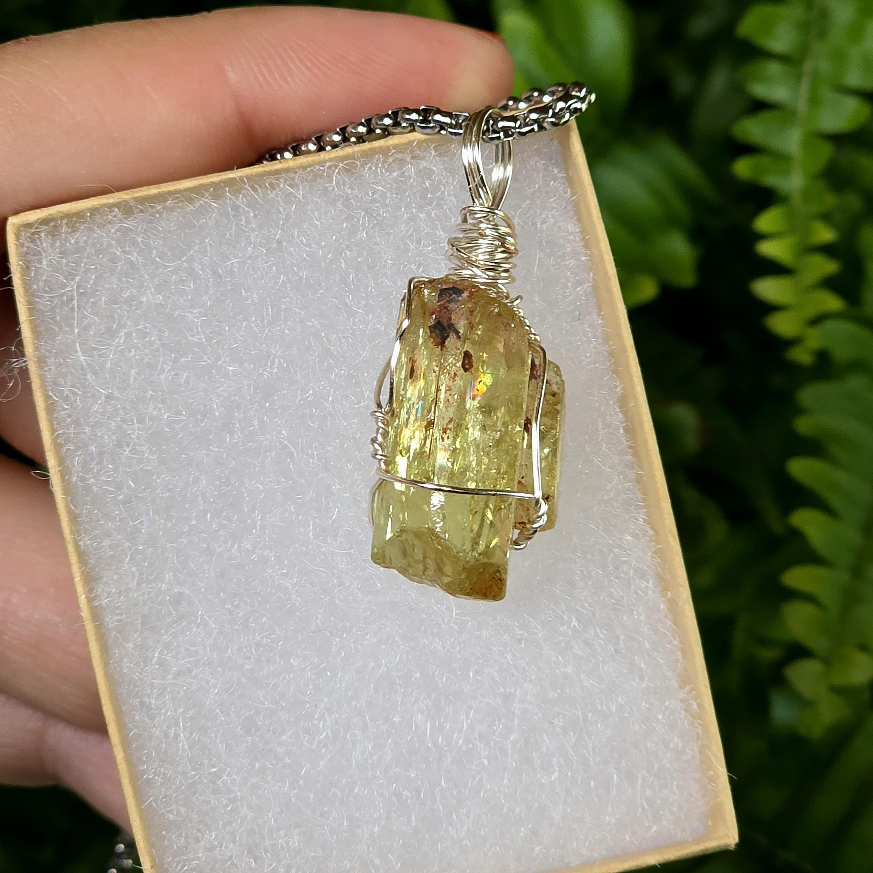 Golden Apatite Necklace | Wire Wrapped Crystal Pendant | Stainless Steel Chain | Natural Gem Quality Apatite Jewelry