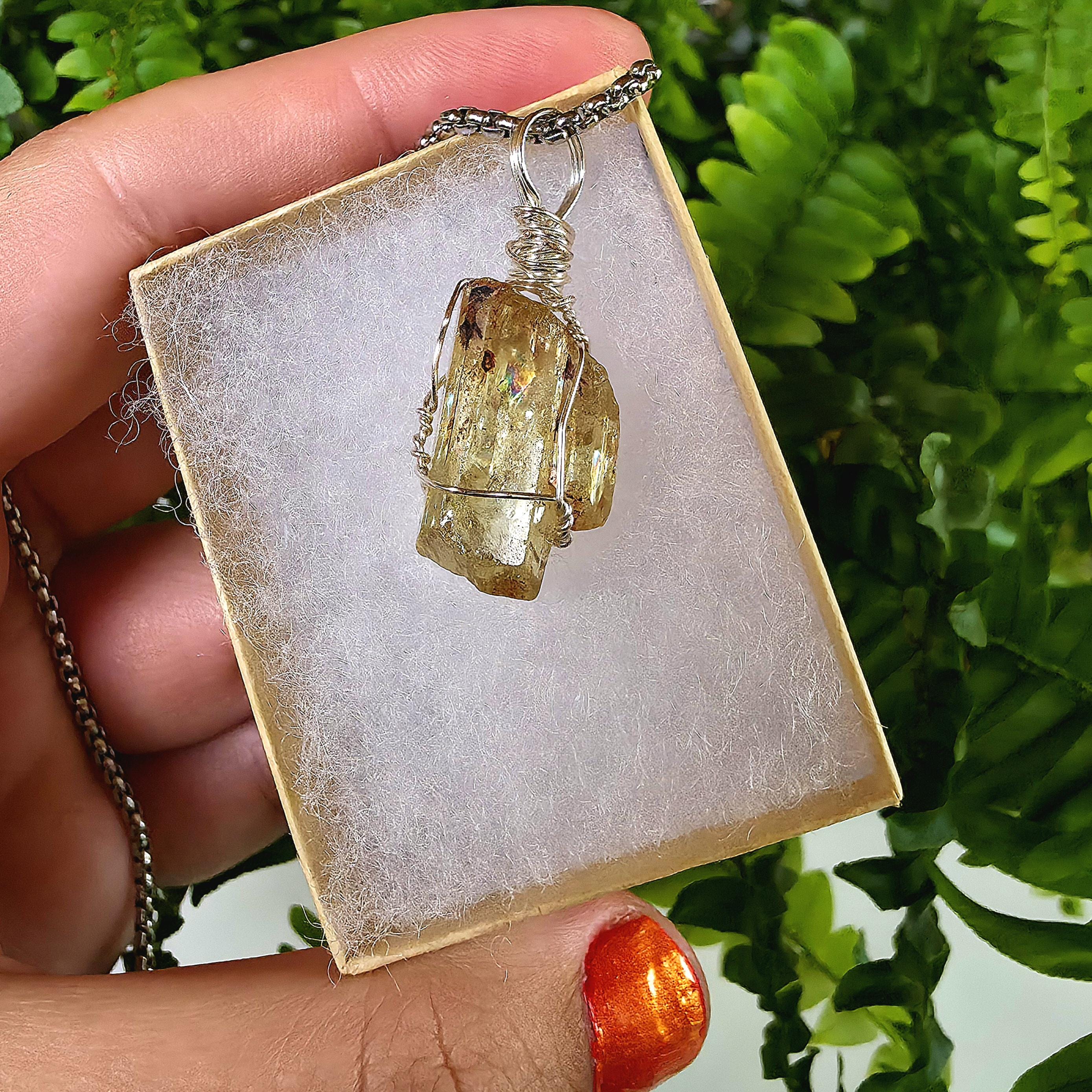 Golden Apatite Necklace | Wire Wrapped Crystal Pendant | Stainless Steel Chain | Natural Gem Quality Apatite Jewelry