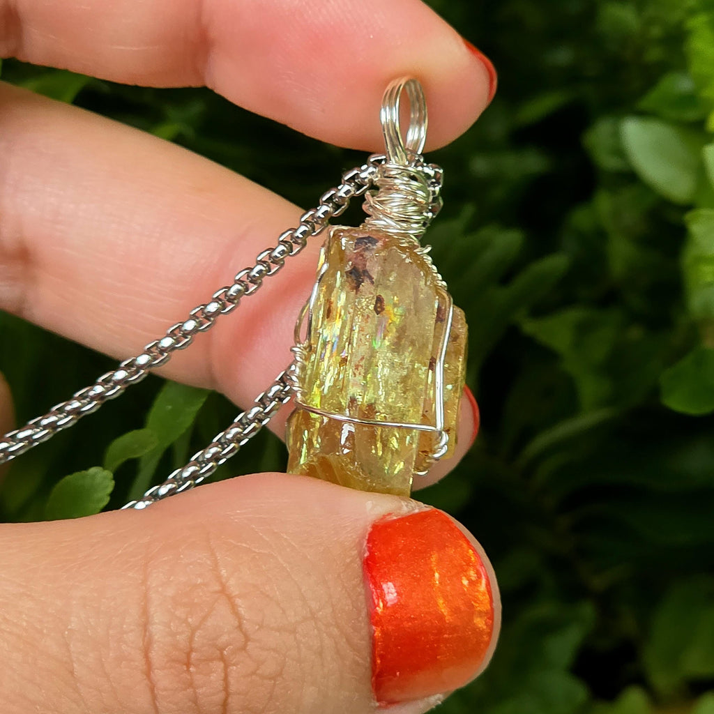 Golden Apatite Necklace | Wire Wrapped Crystal Pendant | Stainless Steel Chain | Natural Gem Quality Apatite Jewelry