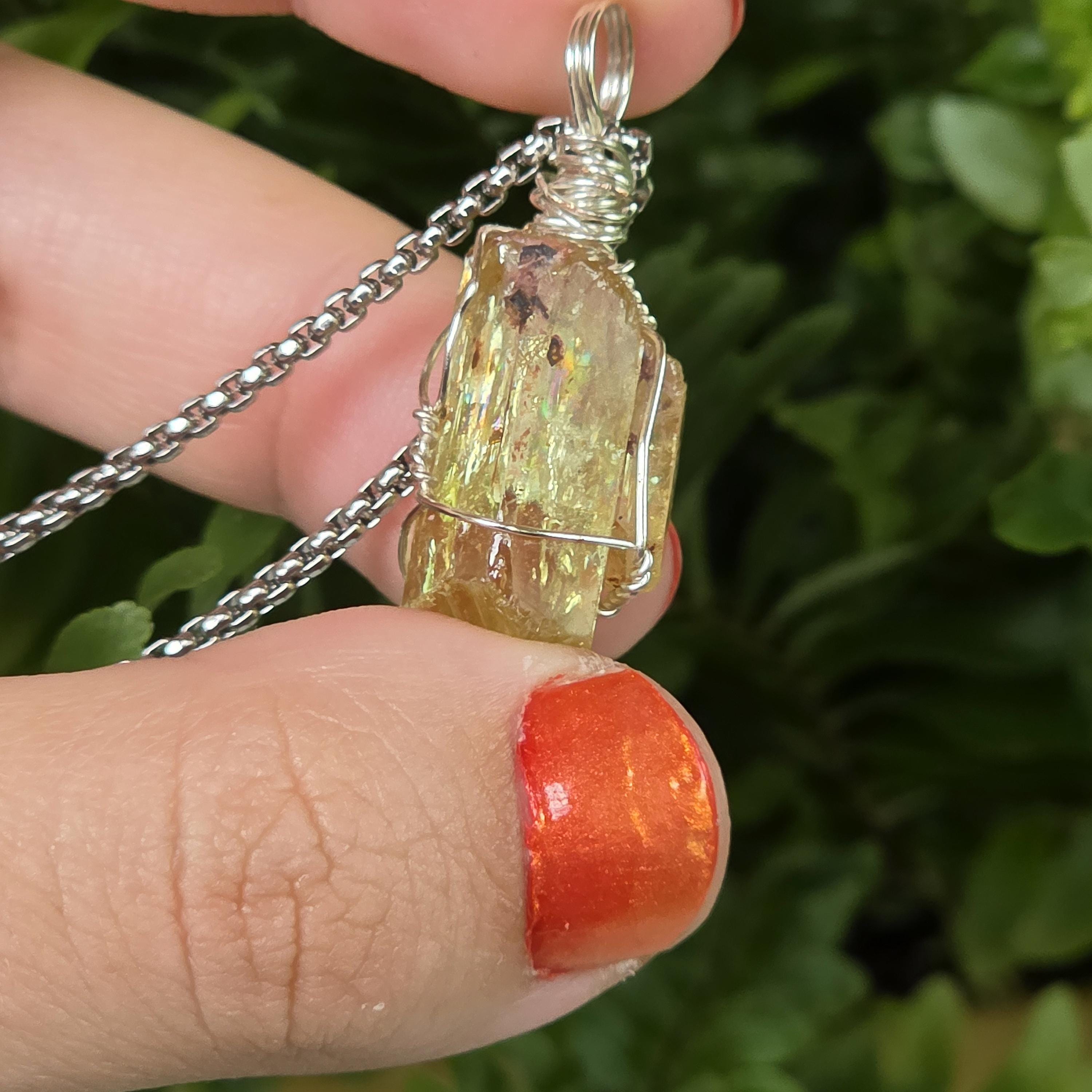 Golden Apatite Necklace | Wire Wrapped Crystal Pendant | Stainless Steel Chain | Natural Gem Quality Apatite Jewelry
