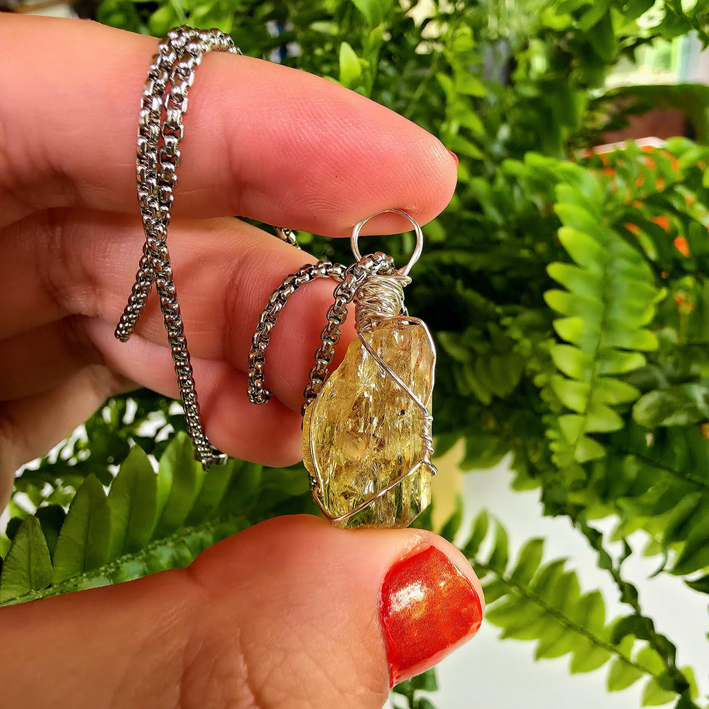 Golden Apatite Necklace | Wire Wrapped Crystal Pendant | Stainless Steel Chain | Natural Gem Quality Apatite Jewelry