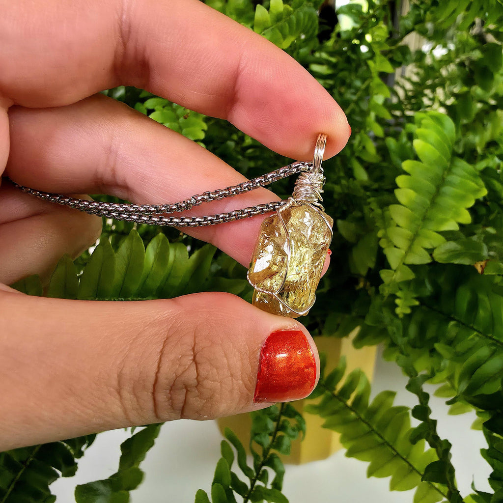 Golden Apatite Necklace | Wire Wrapped Crystal Pendant | Stainless Steel Chain | Natural Gem Quality Apatite Jewelry