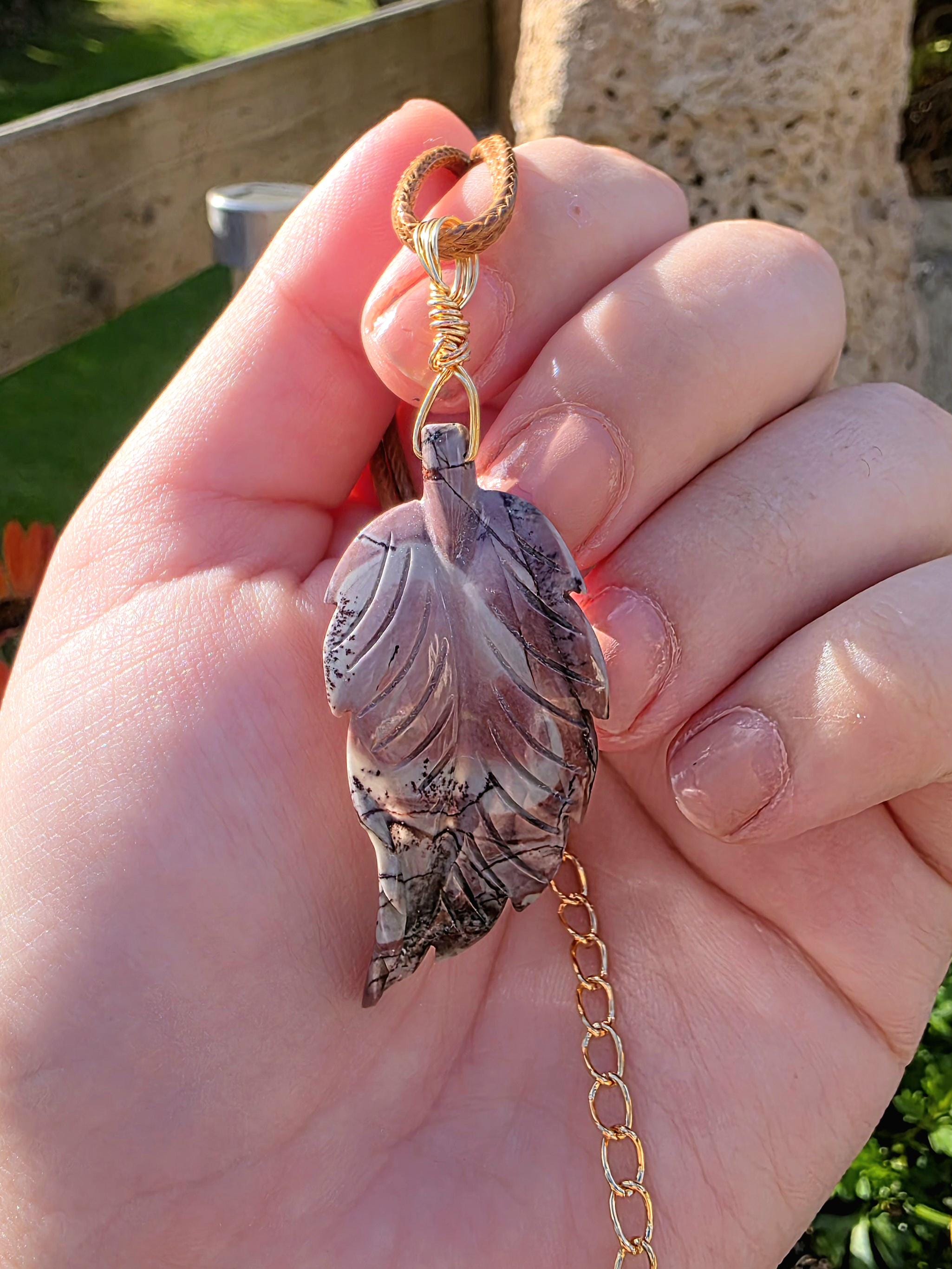 Polychrome Jasper Leaf Necklace, Desert Jasper Pendant, Earth Tone Crystal Jewelry, Natural Stone Leaf, Boho Necklace