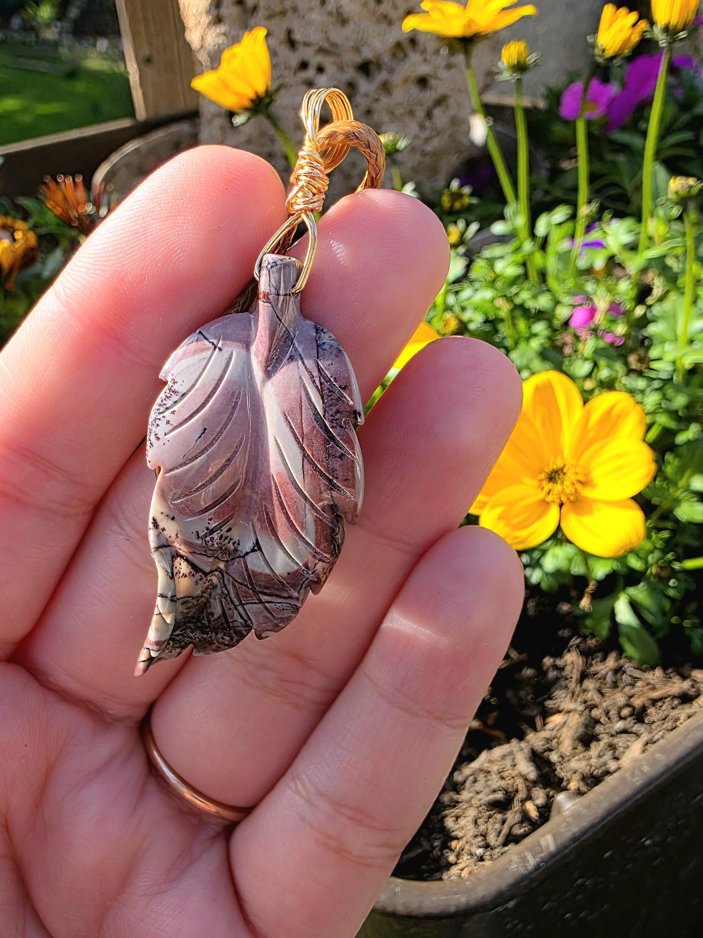 Polychrome Jasper Leaf Necklace, Desert Jasper Pendant, Earth Tone Crystal Jewelry, Natural Stone Leaf, Boho Necklace