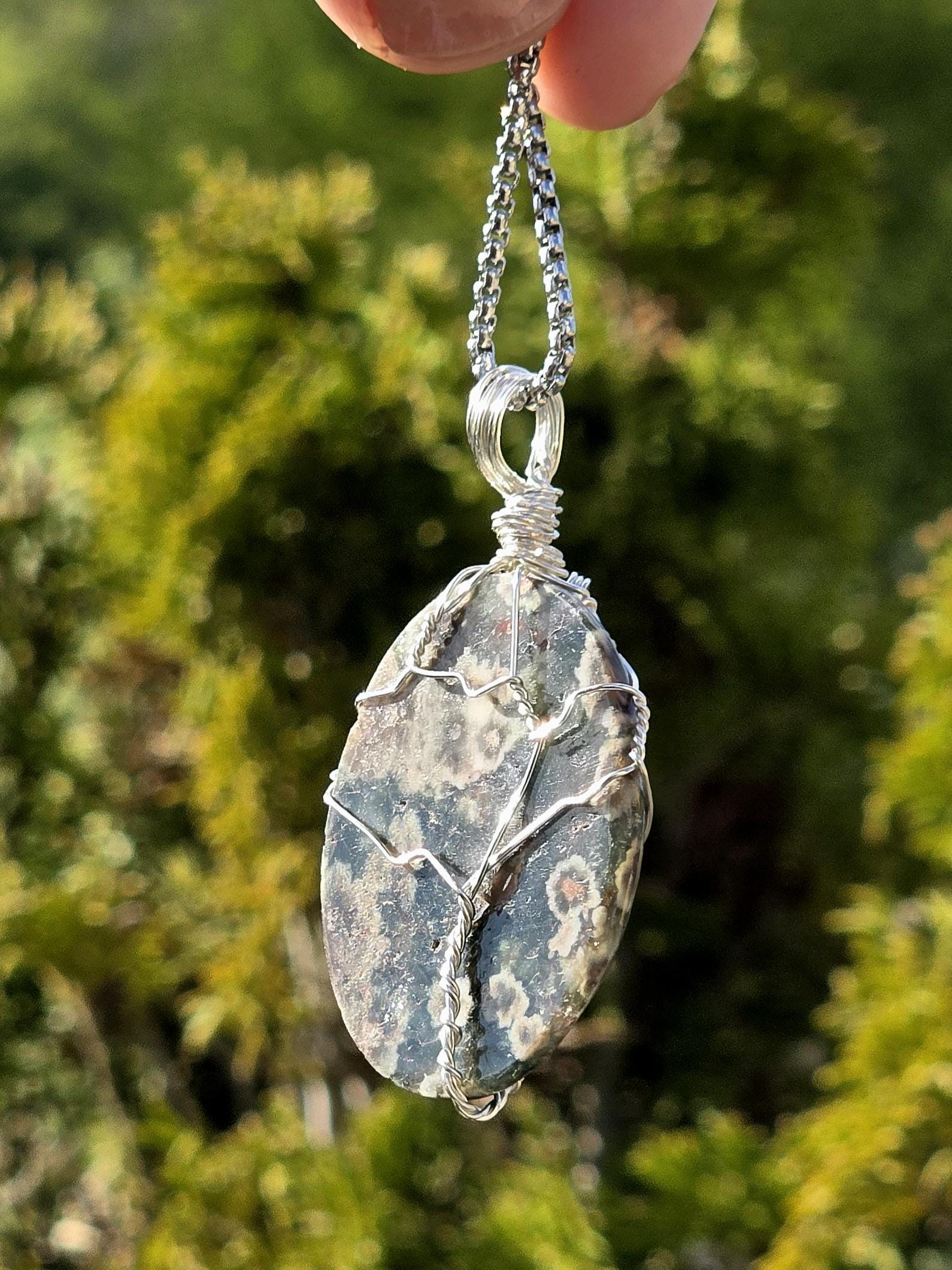 Ocean Jasper Necklace Stainless Steel | Orbicular Jasper Pendant | Green Jasper Necklace | Crystal Jewelry Gift | Natural Stone Necklace