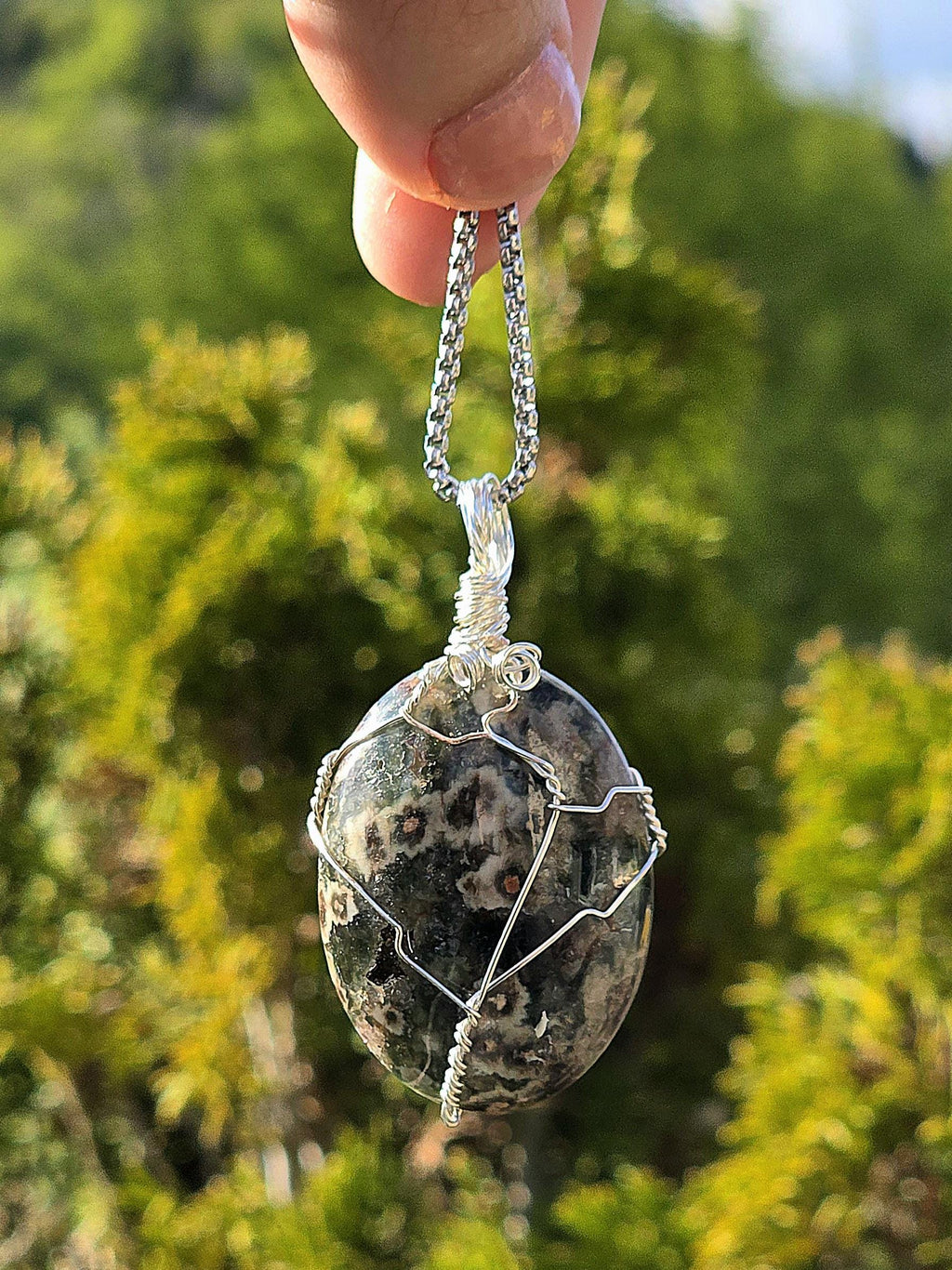 Ocean Jasper Necklace Stainless Steel | Orbicular Jasper Pendant | Green Jasper Necklace | Crystal Jewelry Gift | Natural Stone Necklace