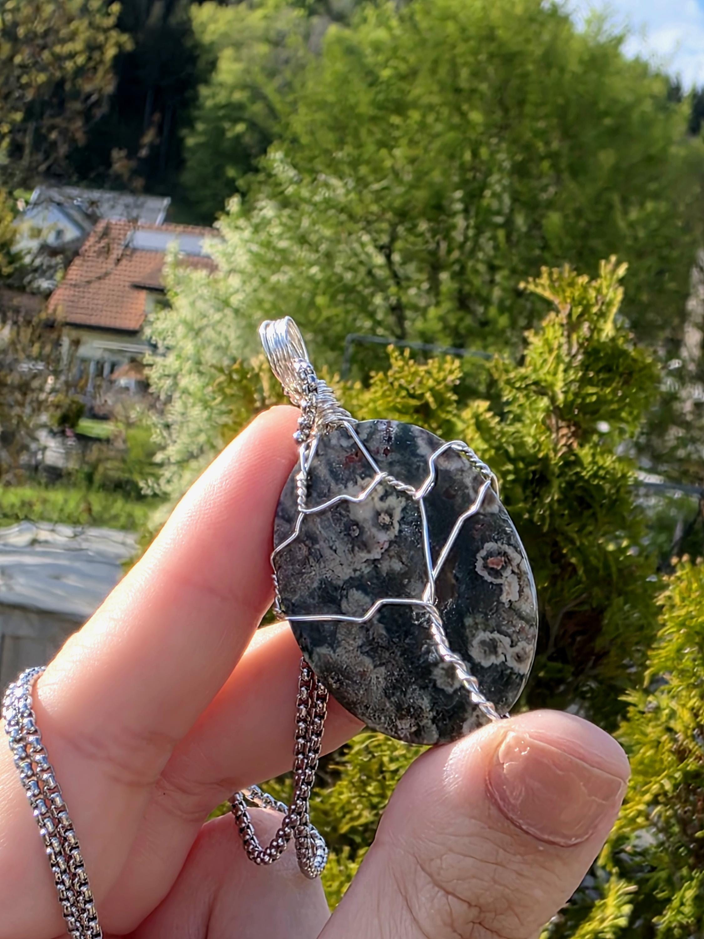 Ocean Jasper Necklace Stainless Steel | Orbicular Jasper Pendant | Green Jasper Necklace | Crystal Jewelry Gift | Natural Stone Necklace