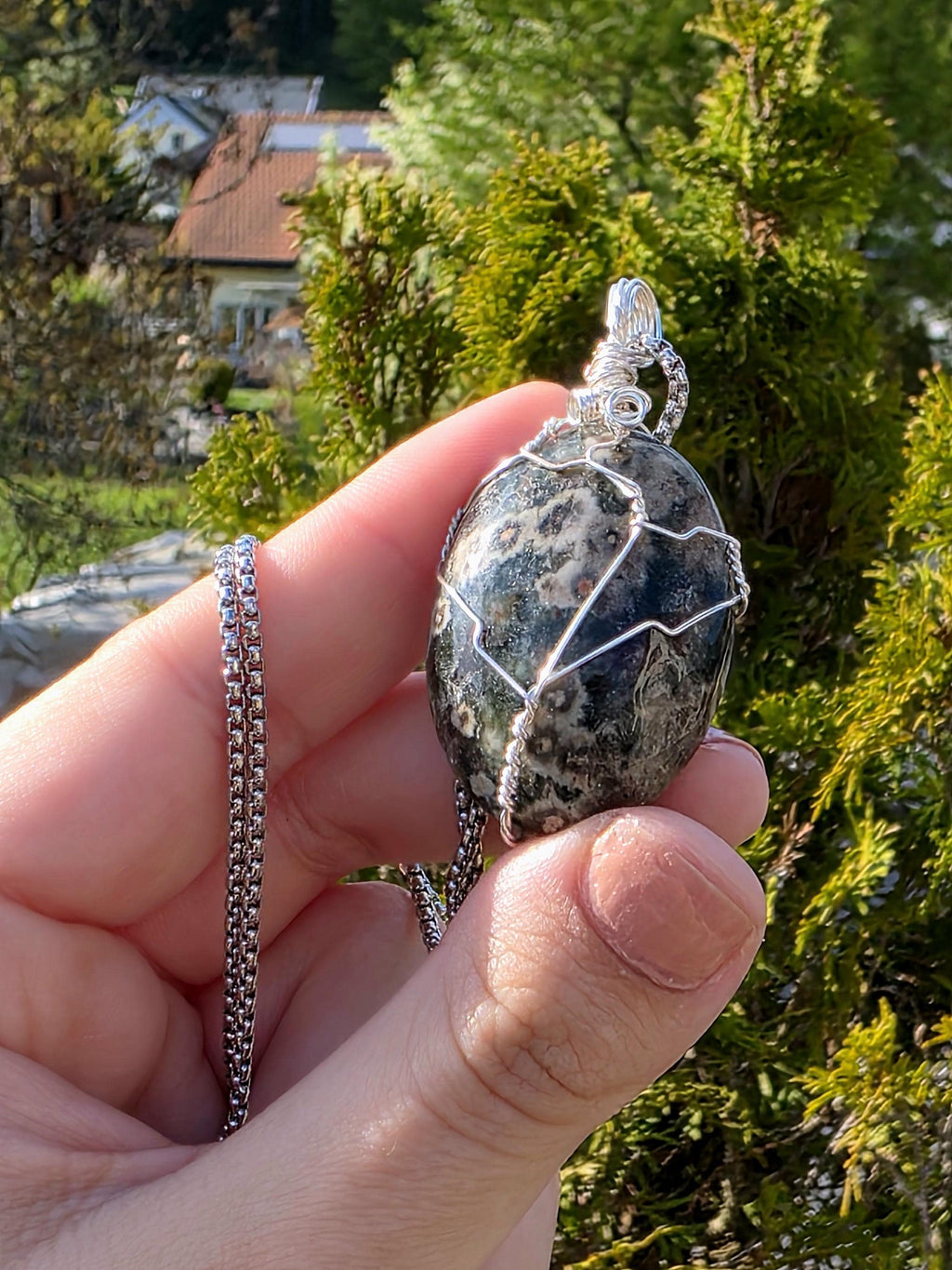 Ocean Jasper Necklace Stainless Steel | Orbicular Jasper Pendant | Green Jasper Necklace | Crystal Jewelry Gift | Natural Stone Necklace