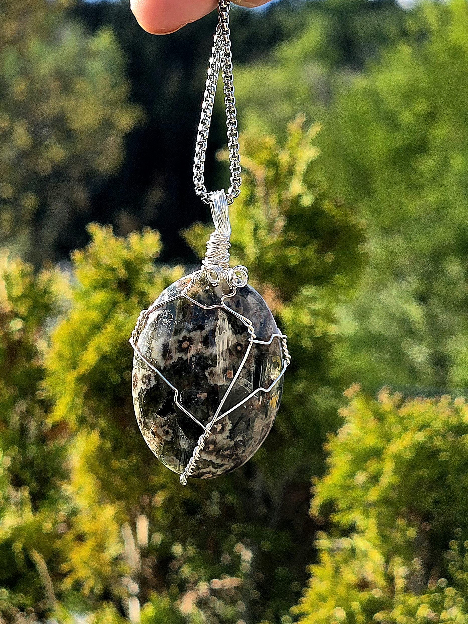 Ocean Jasper Necklace Stainless Steel | Orbicular Jasper Pendant | Green Jasper Necklace | Crystal Jewelry Gift | Natural Stone Necklace