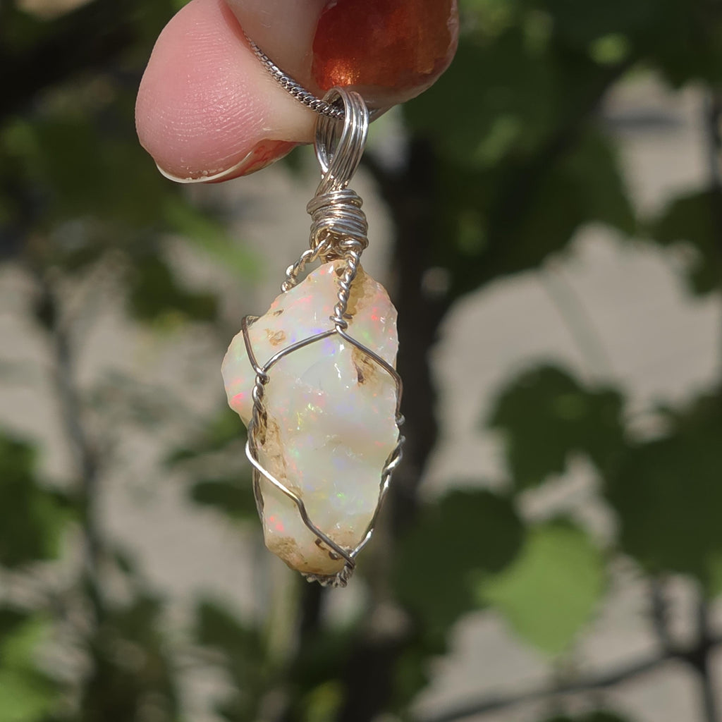 Raw Ethiopian Welo Opal Necklace | Wire Wrapped Pendant | Sterling Silver Chain