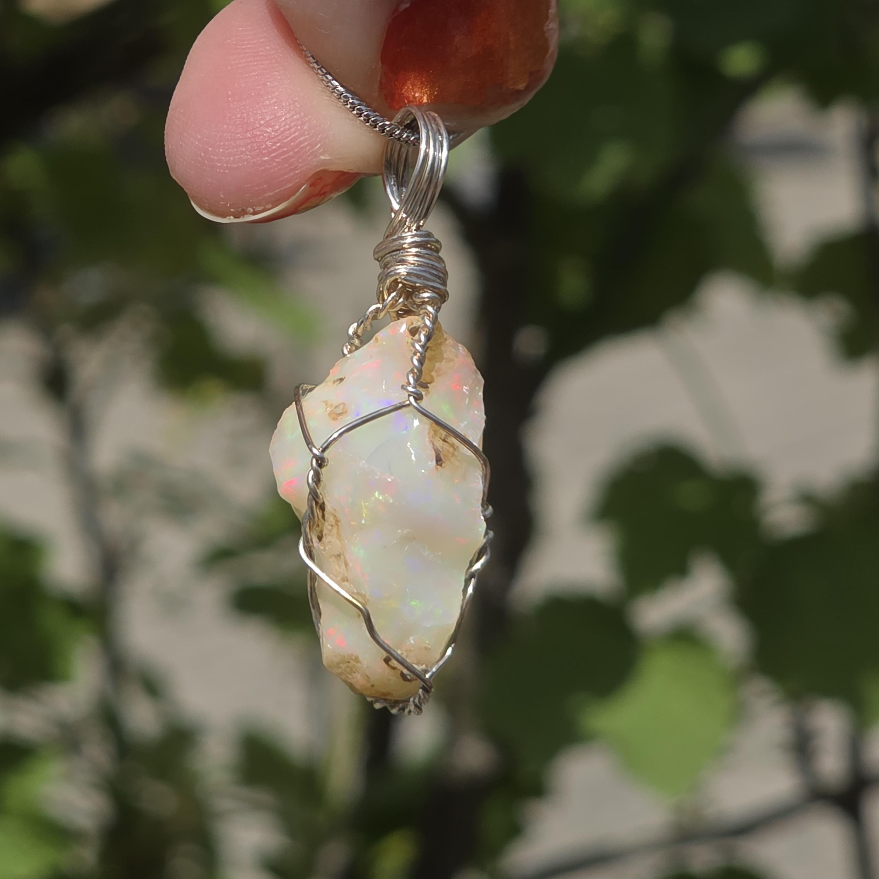 Raw Ethiopian Welo Opal Necklace | Wire Wrapped Pendant | Sterling Silver Chain