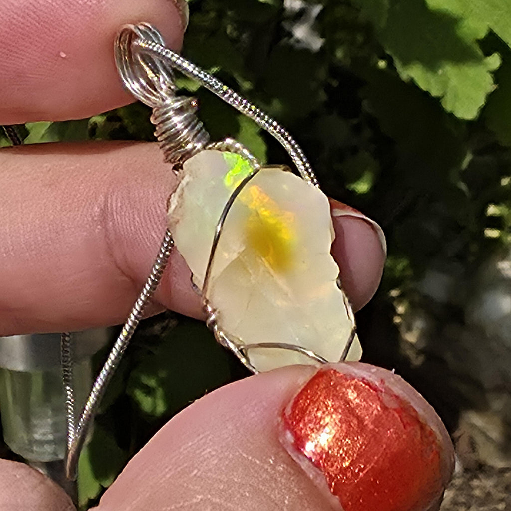 Raw Ethiopian Welo Opal Necklace | Wire Wrapped Pendant | Sterling Silver Chain