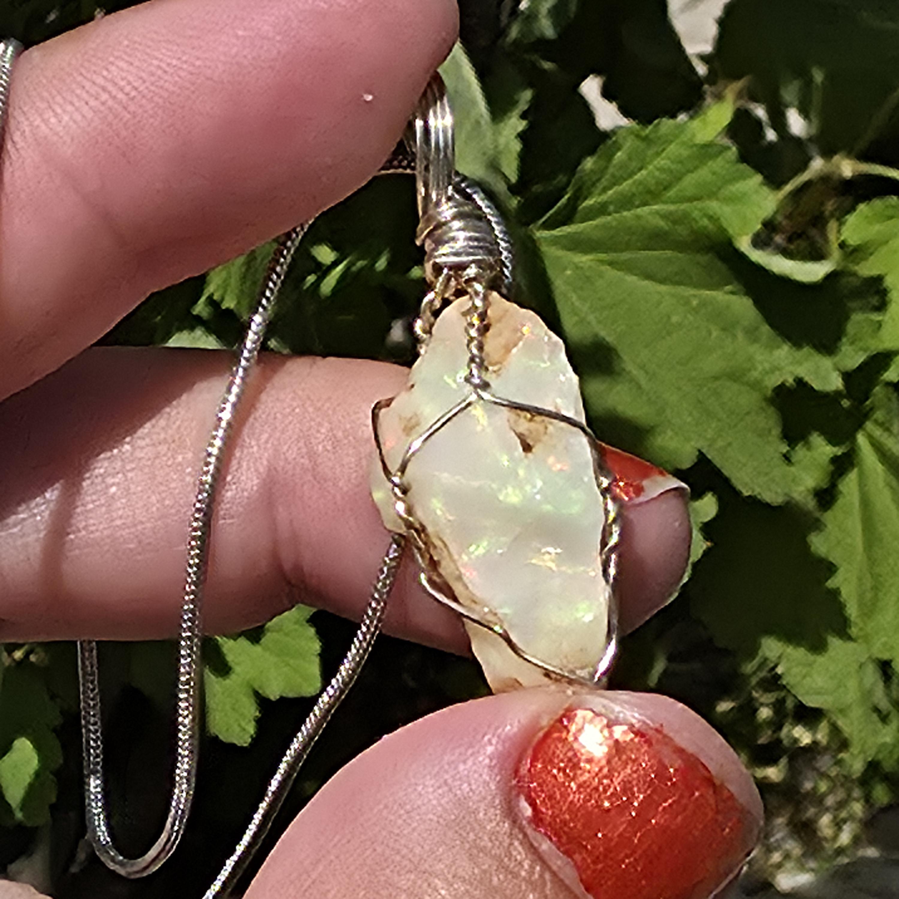 Raw Ethiopian Welo Opal Necklace | Wire Wrapped Pendant | Sterling Silver Chain