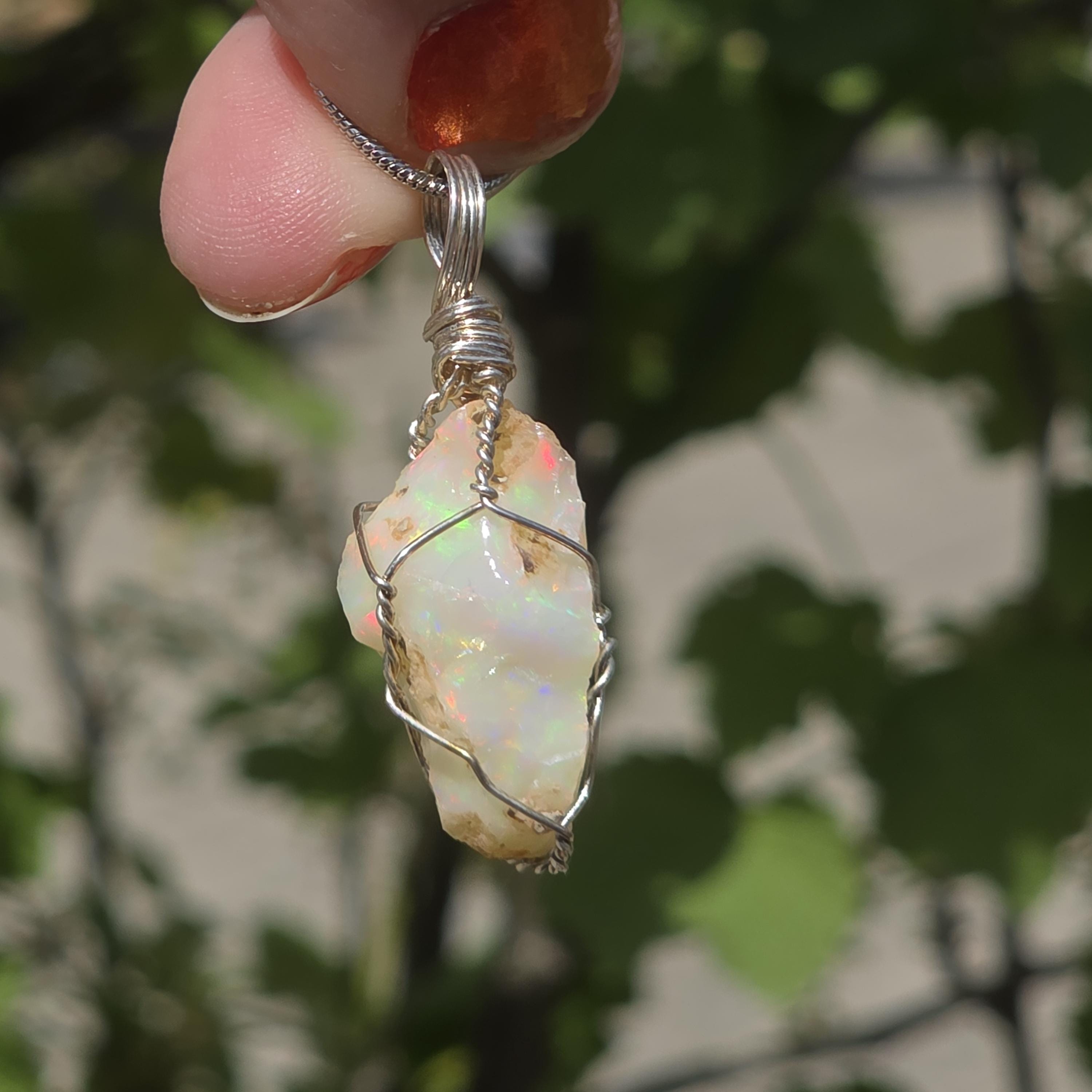 Raw Ethiopian Welo Opal Necklace | Wire Wrapped Pendant | Sterling Silver Chain