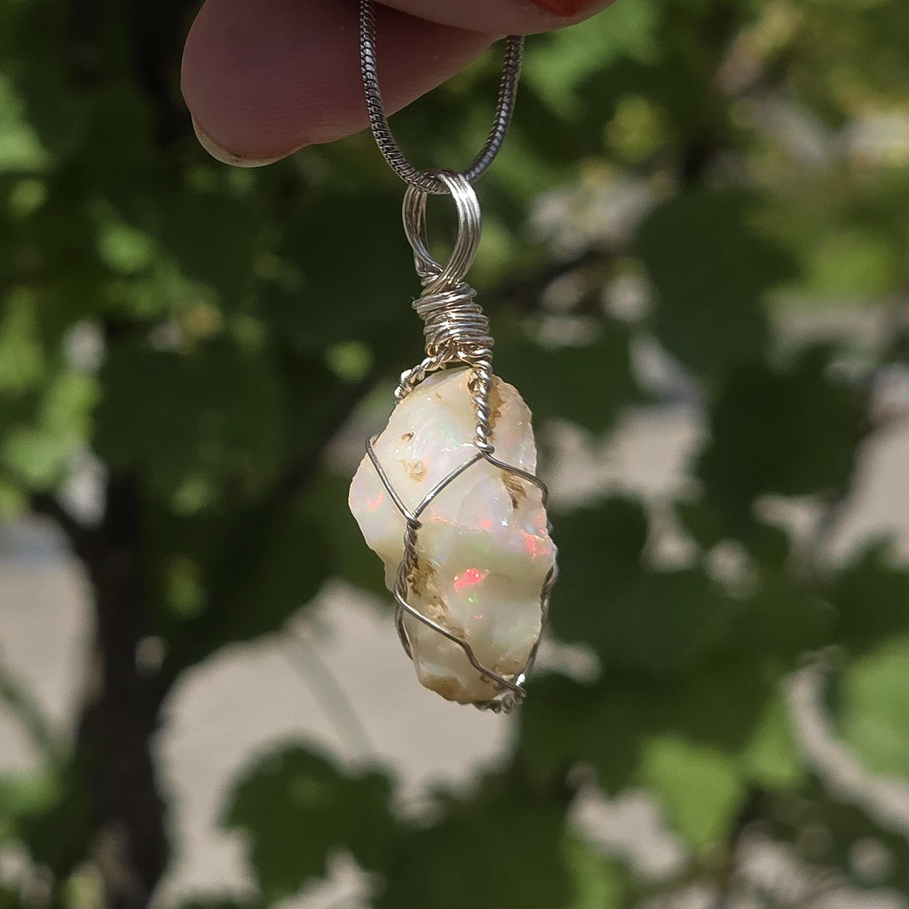 Raw Ethiopian Welo Opal Necklace | Wire Wrapped Pendant | Sterling Silver Chain