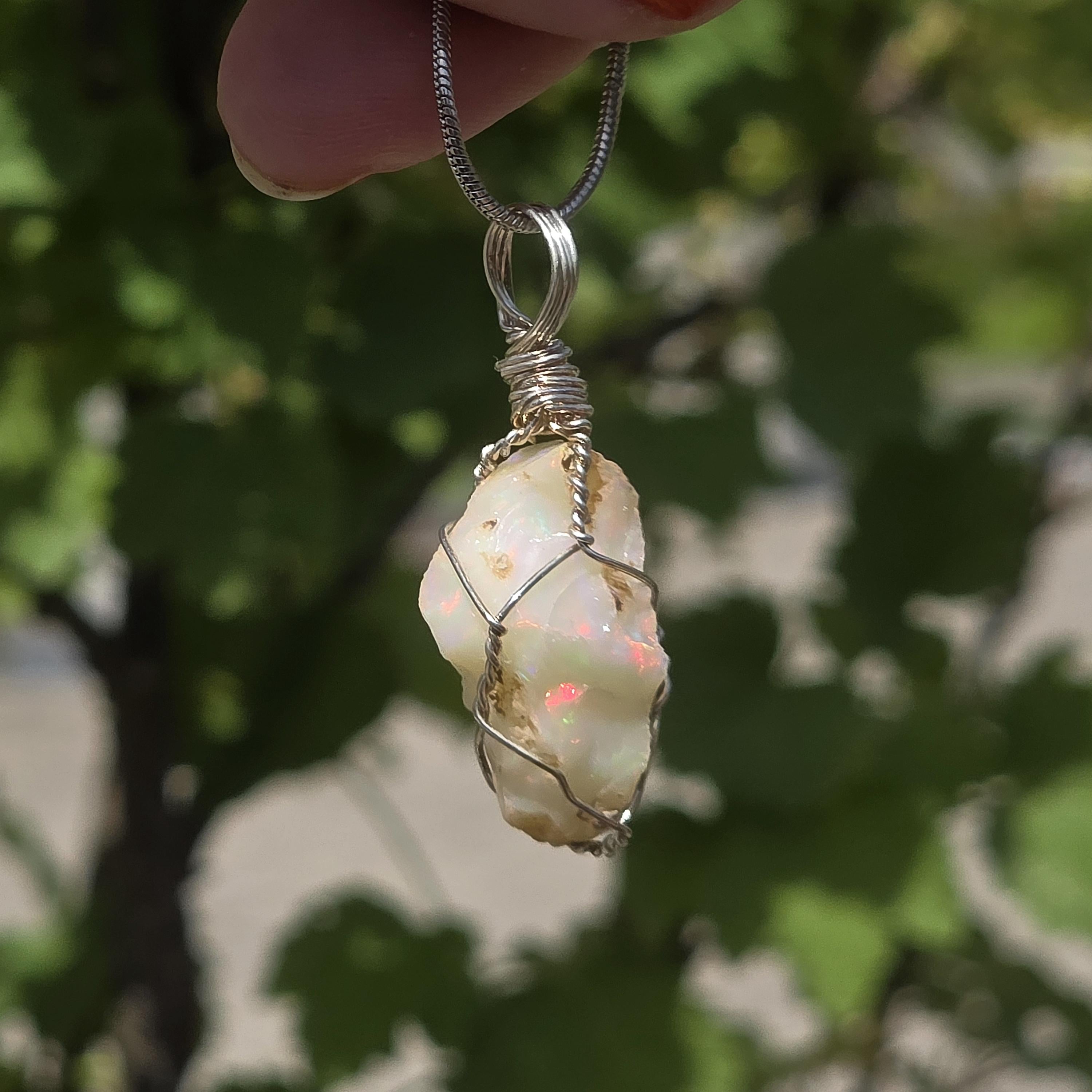 Raw Ethiopian Welo Opal Necklace | Wire Wrapped Pendant | Sterling Silver Chain